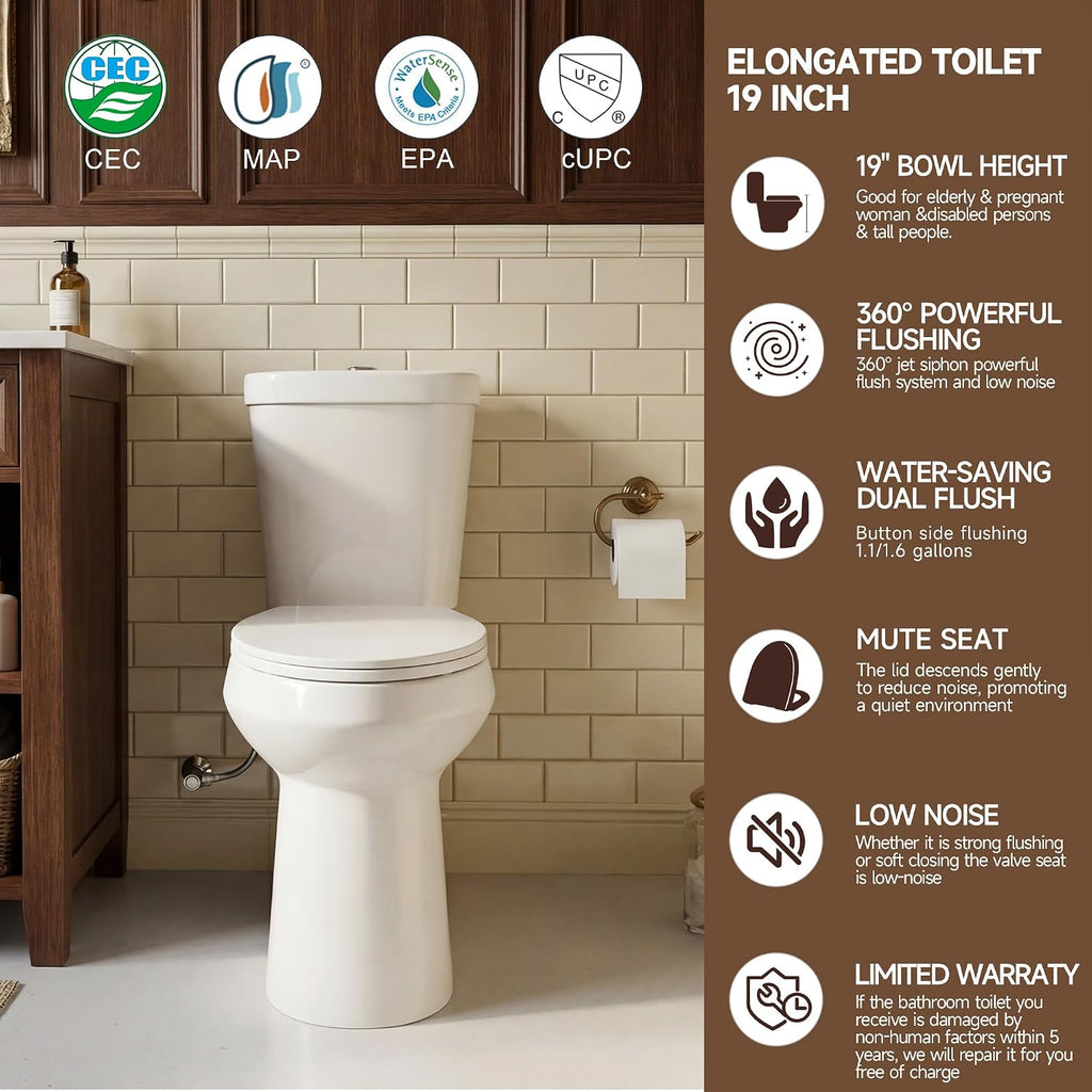 Miuara Elongated Tall Toilet 19 Inch for Seniors - 1.1/1.6 GPF Dual Flush Two Piece ADA High Toilet for Bathroom, 19 Inch Bowl Height, 20 Inch Seat Height, 12 Inch Rough In, Glossy White