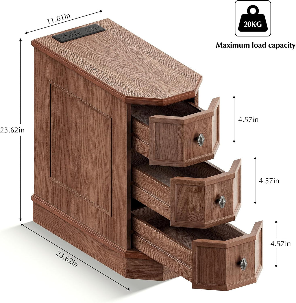 Nightstand Set of 2 with Charging Station, Vintage Wood End Table with 3 Drawer, Victoria Narrow Side Table, Slim Bedside Tables for Bedroom, Pre-Installation, Brown