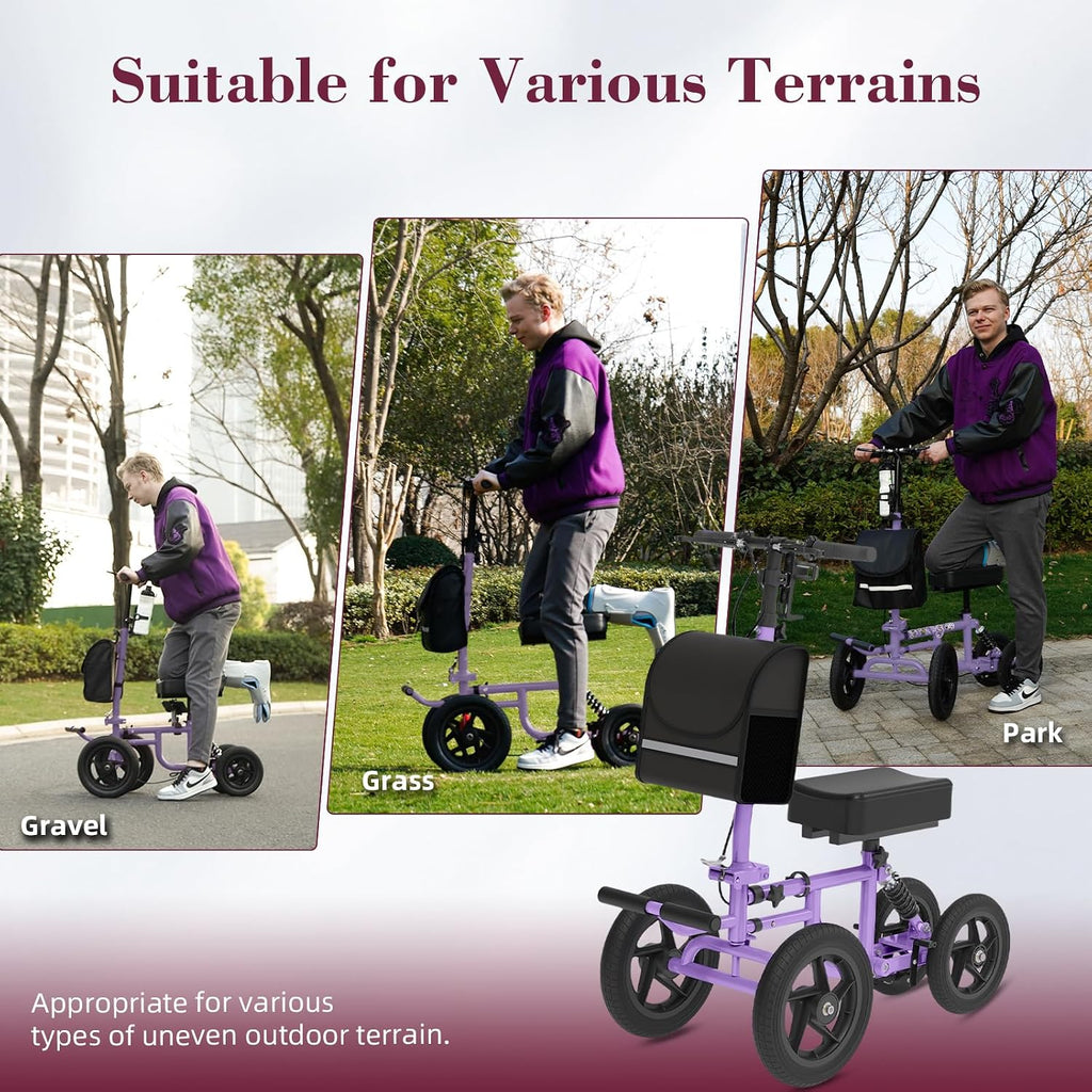 All Terrain Knee Scooter for Adults, Foldable Rolling Knee Scooter with DIY Stickers & Shock Absorber, Steerable Knee Walker for Broken Foot, Ankle Injuries & Surgery, Better Crutch Alternative
