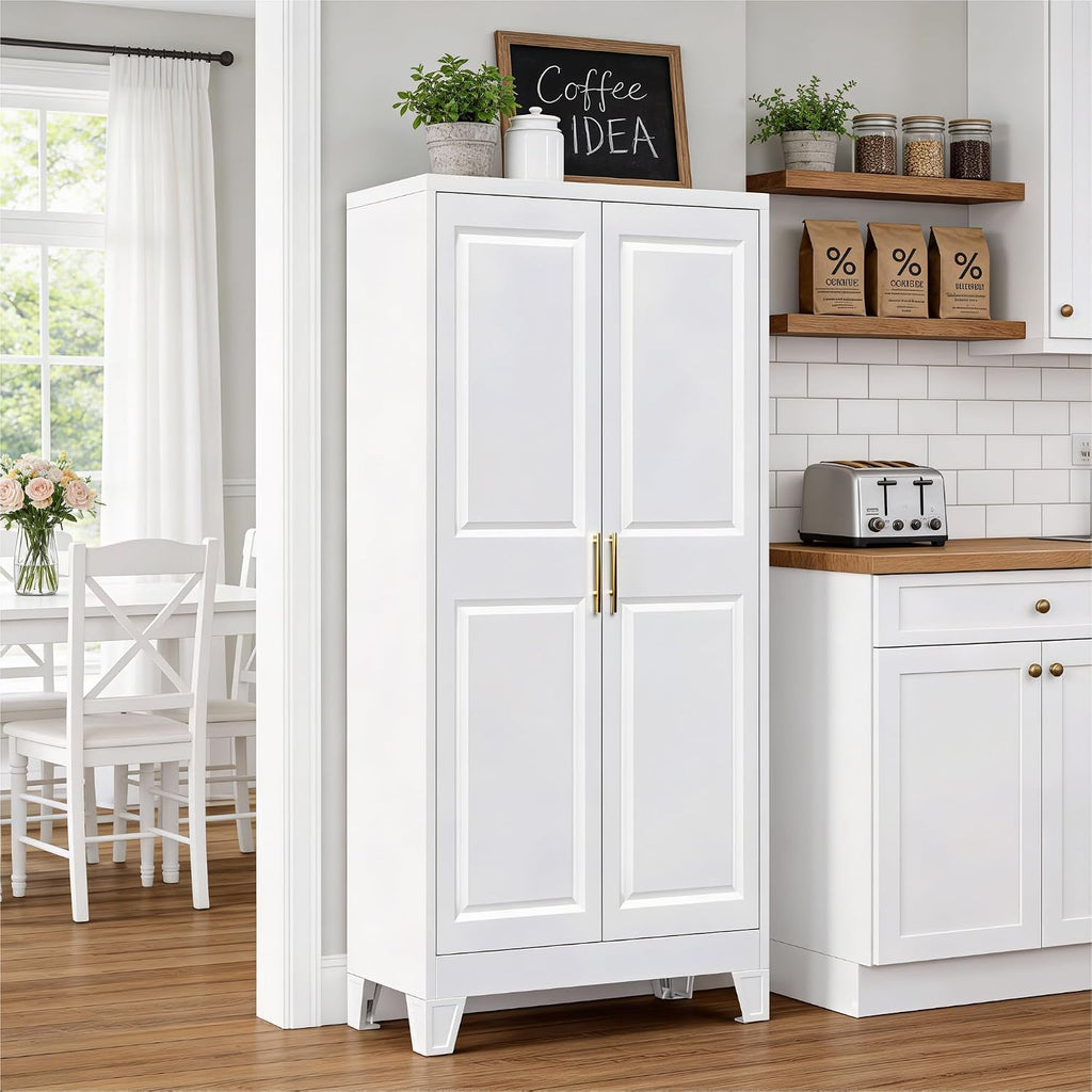 61.4' H Metal Pantry Cabinet with 3 Adjustable Shelves, Kitchen Pantry Cabinet with 2 Doors, Freestanding Food Cabinet for Kitchen, Home, Assembly Required, White