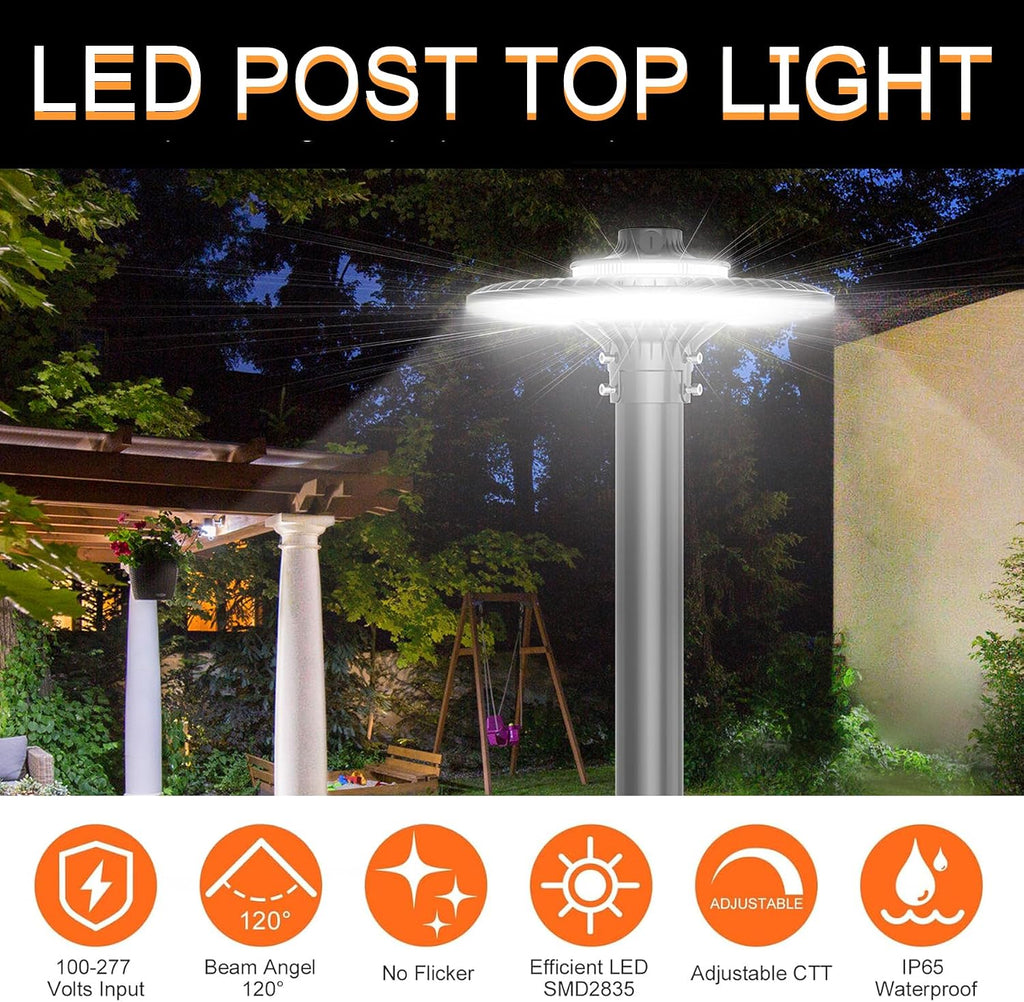 200W/150W/120W LED Post Top Light with Dusk to Dawn Photocell, 28000lm 5000K Circular Area Pole Lights, IP65 Waterproof Outdoor Post Light Garden Pathway Yard Street Lighting UL Listed, AC100-277V