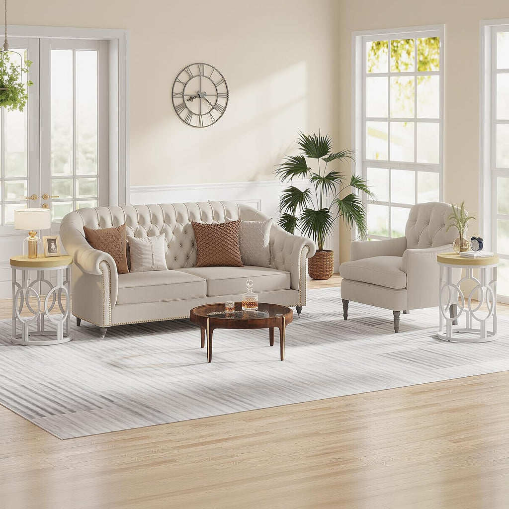 Tribesigns Round End Table Set of 2, Farmhouse Side Table with White Metal Hollow Frame, Small Bedside Table Nightstand for Living Room, Bedroom, Easy Assembly (Natural Beige,2 PCS)
