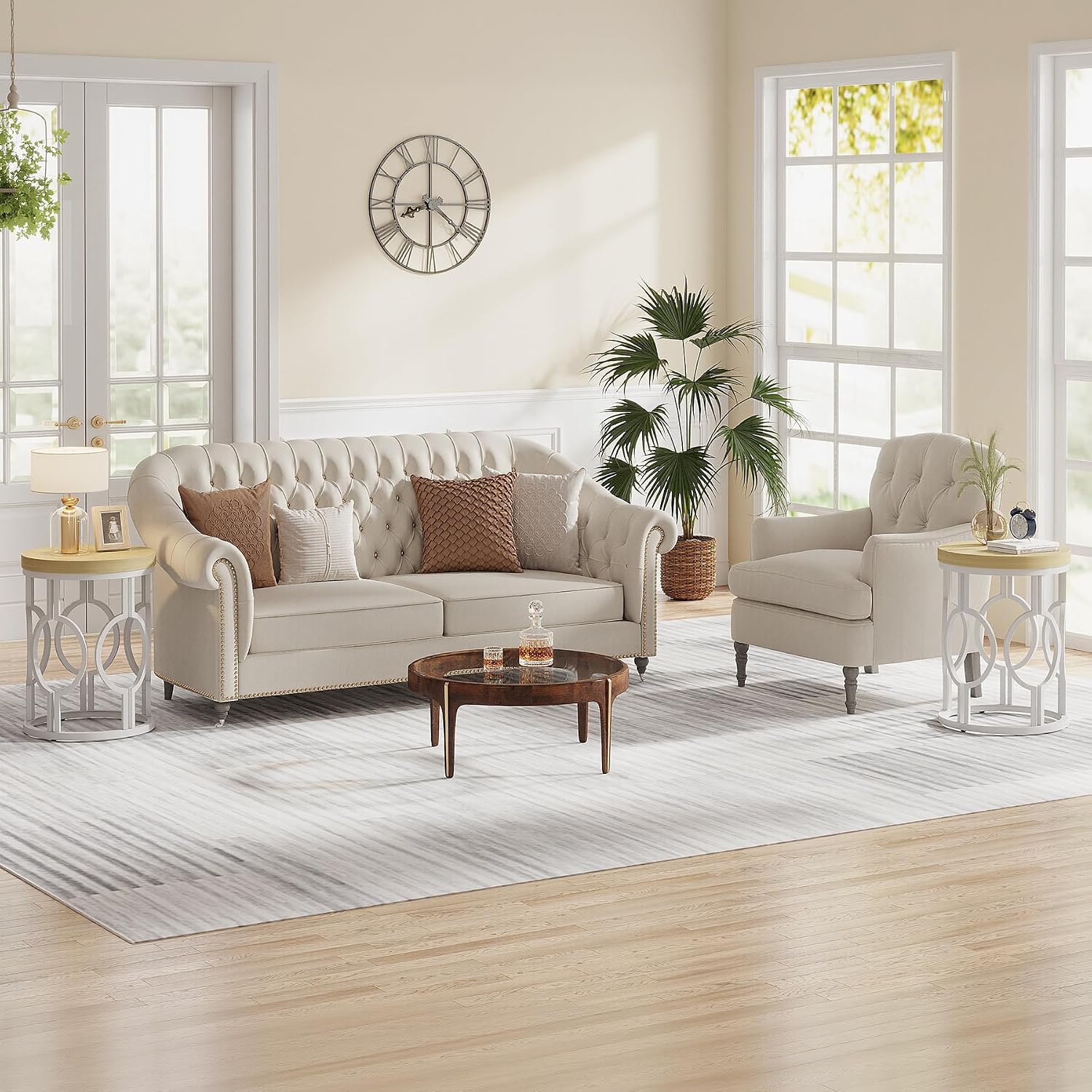 Tribesigns Round End Table Set of 2, Farmhouse Side Table with White Metal Hollow Frame, Small Bedside Table Nightstand for Living Room, Bedroom, Easy Assembly (Natural Beige,2 PCS)