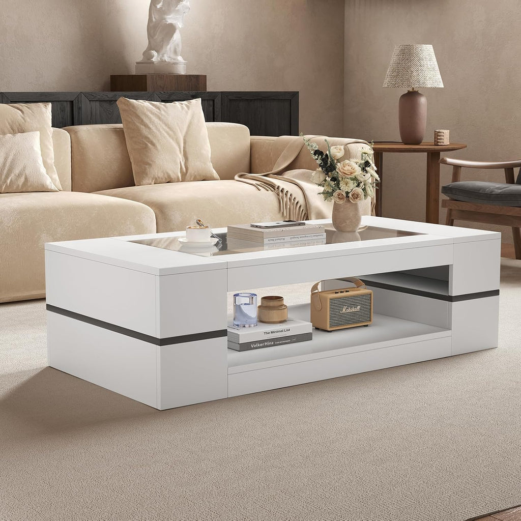 HedoAjim 47.2' Modern Stylish Coffee Table with Glass Table Top, Large Living Room Table Rectangular 2-Tier Center Tables with Storage, Wooden Tea Tables for Dining Reception Room, White