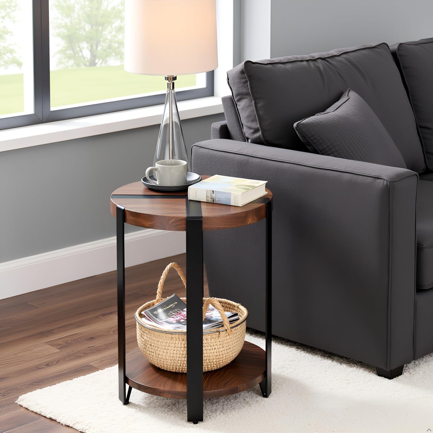Modesto 20-Inch Round End Table – Rustic 2-Tier Side Table with Solid Wood Top, Lower Shelf, & Metal Legs – Small Accent Table for Living Room or Bedroom by Alaterre Furniture (Natural Wood Finish)