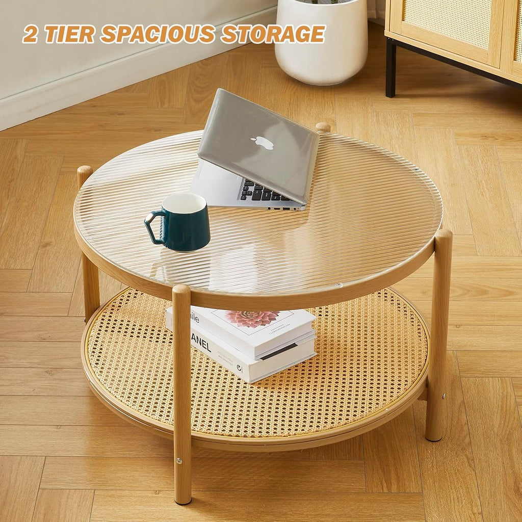 Boho Rattan Coffee Table Set of 2, Round Glass Living Room Table Set, Modern Simple 2 Tier Middle Center Table for Small Space Living Room Bedroom Office Meeting Room