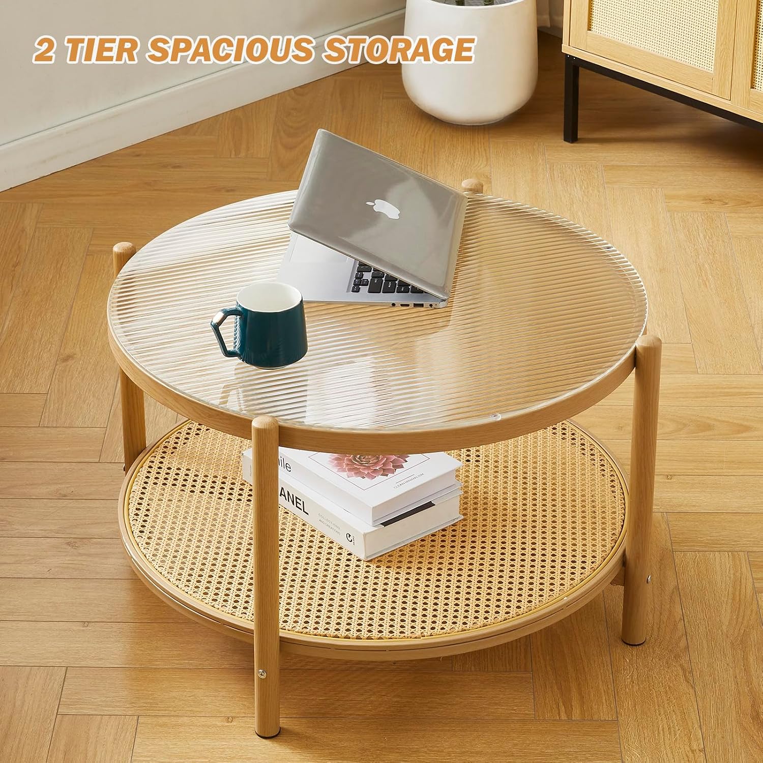 Boho Rattan Coffee Table Set of 2, Round Glass Living Room Table Set, Modern Simple 2 Tier Middle Center Table for Small Space Living Room Bedroom Office Meeting Room