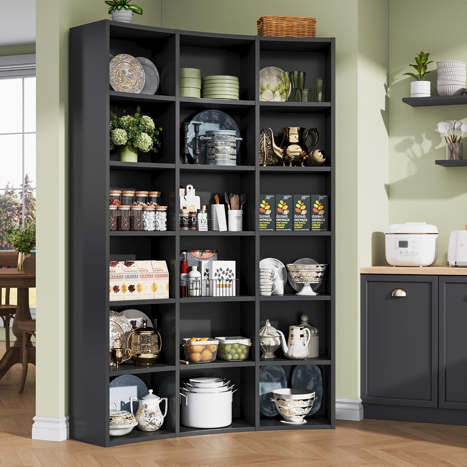 71' Curved Bookshelf,Triple Width 6 Tier Bookcase with Storage Cabinet,Modern Tall Bookshelf with 18 Open Display Shelves, Floor Standing Book Shelf for Living Room,Black
