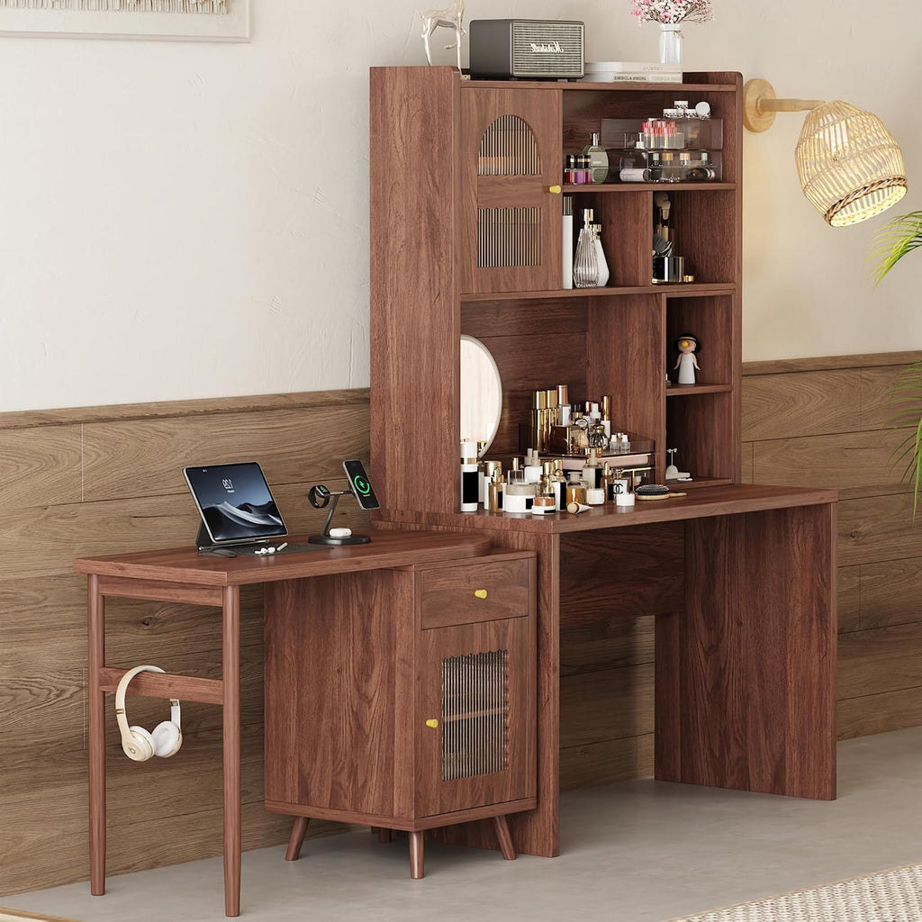 L Shaped Home Office Desks with 90° Rotating Retractable Desktop, Glass Door, Hutch, Drawers, Bookshelf & Storage Shelves, 43' Modern Gaming Computer Corner Table for Work, Study, Writing, Walnut