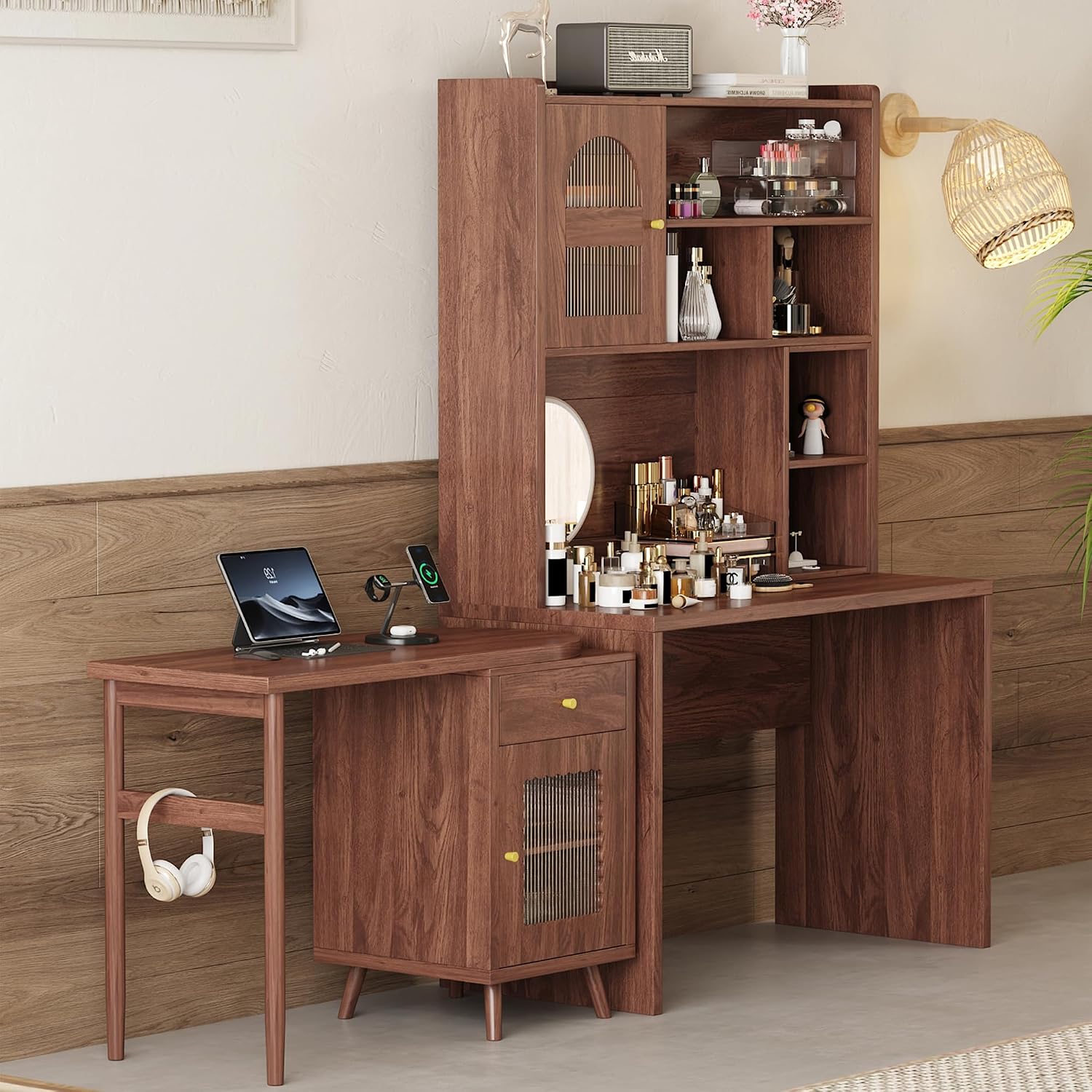 L Shaped Home Office Desks with 90° Rotating Retractable Desktop, Glass Door, Hutch, Drawers, Bookshelf & Storage Shelves, 43' Modern Gaming Computer Corner Table for Work, Study, Writing, Walnut