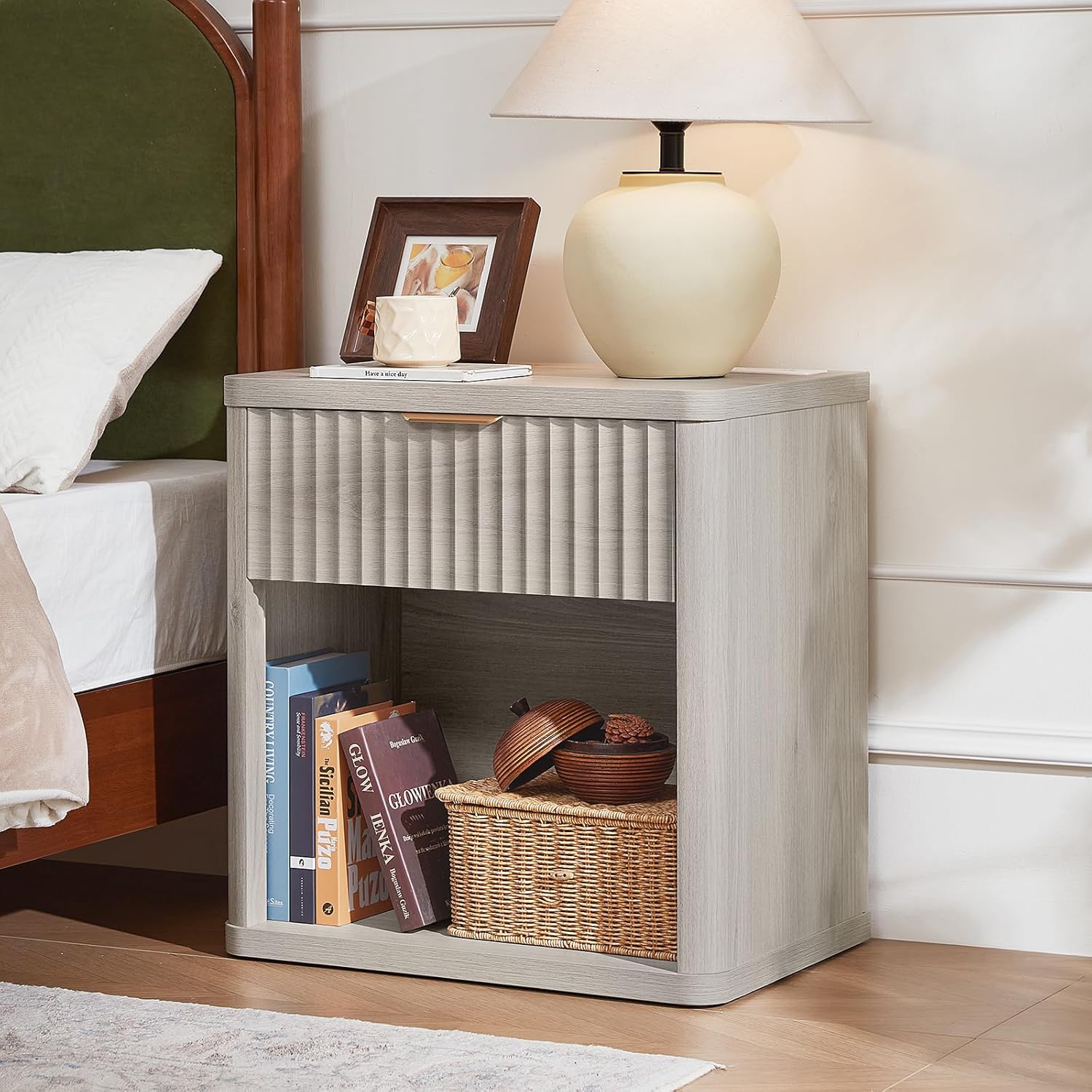 LEYAOYAO Fluted Farmhouse Nightstand Set of 2 with Charging Station, 23' Wide 1 Drawers Night Stand,LightGrey Dresser for Bedroom,Bed Side Table Chest of Drawers,Wood End Table for Living Room