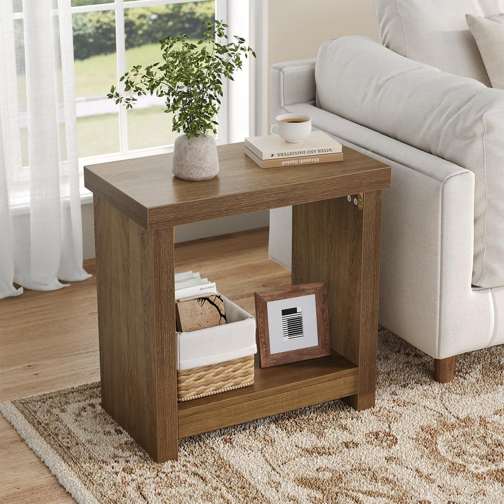 End Tables Set of 2 for Living Room, Narrow Side Tables with Storage Shelves, Square End Table for Bedroom, Slim Nightstand, Skinny Rectangle Accent Table, Farmhouse Bedside Table, Brown (2 Pieces)