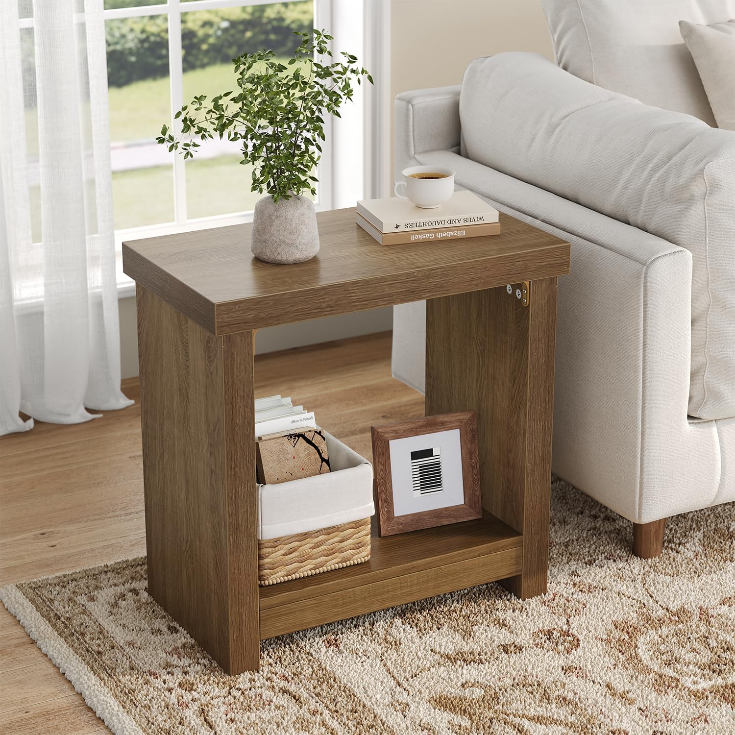 End Tables Set of 2 for Living Room, Narrow Side Tables with Storage Shelves, Square End Table for Bedroom, Slim Nightstand, Skinny Rectangle Accent Table, Farmhouse Bedside Table, Brown (2 Pieces)
