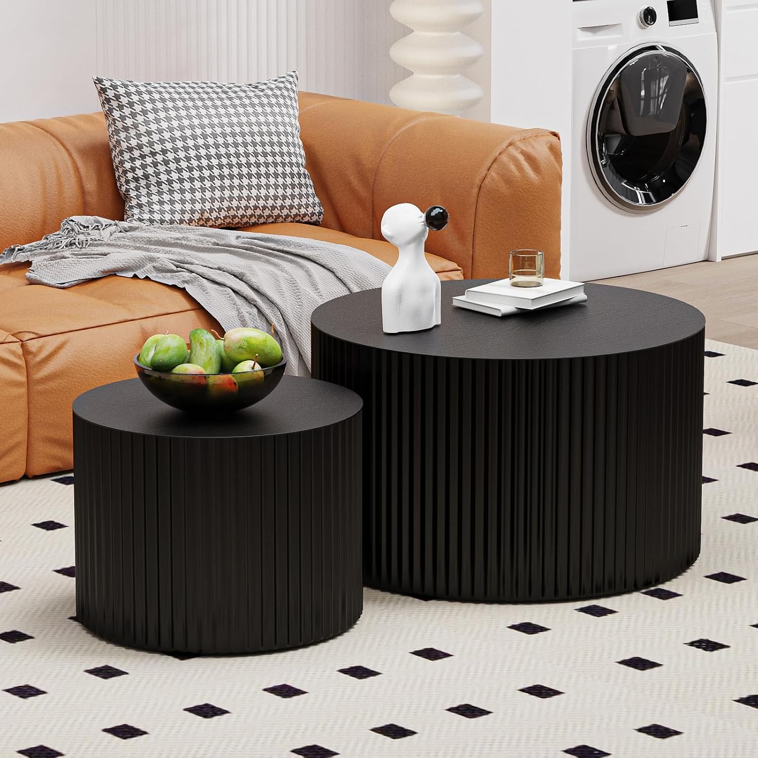 Round Nesting Coffee Table Wood Drum Nesting Tables Modern Stacking Coffee Table Set of 2 Fluted Center Table End Table for Living Room Home Office Small Spaces, No Assembling (Black Large)
