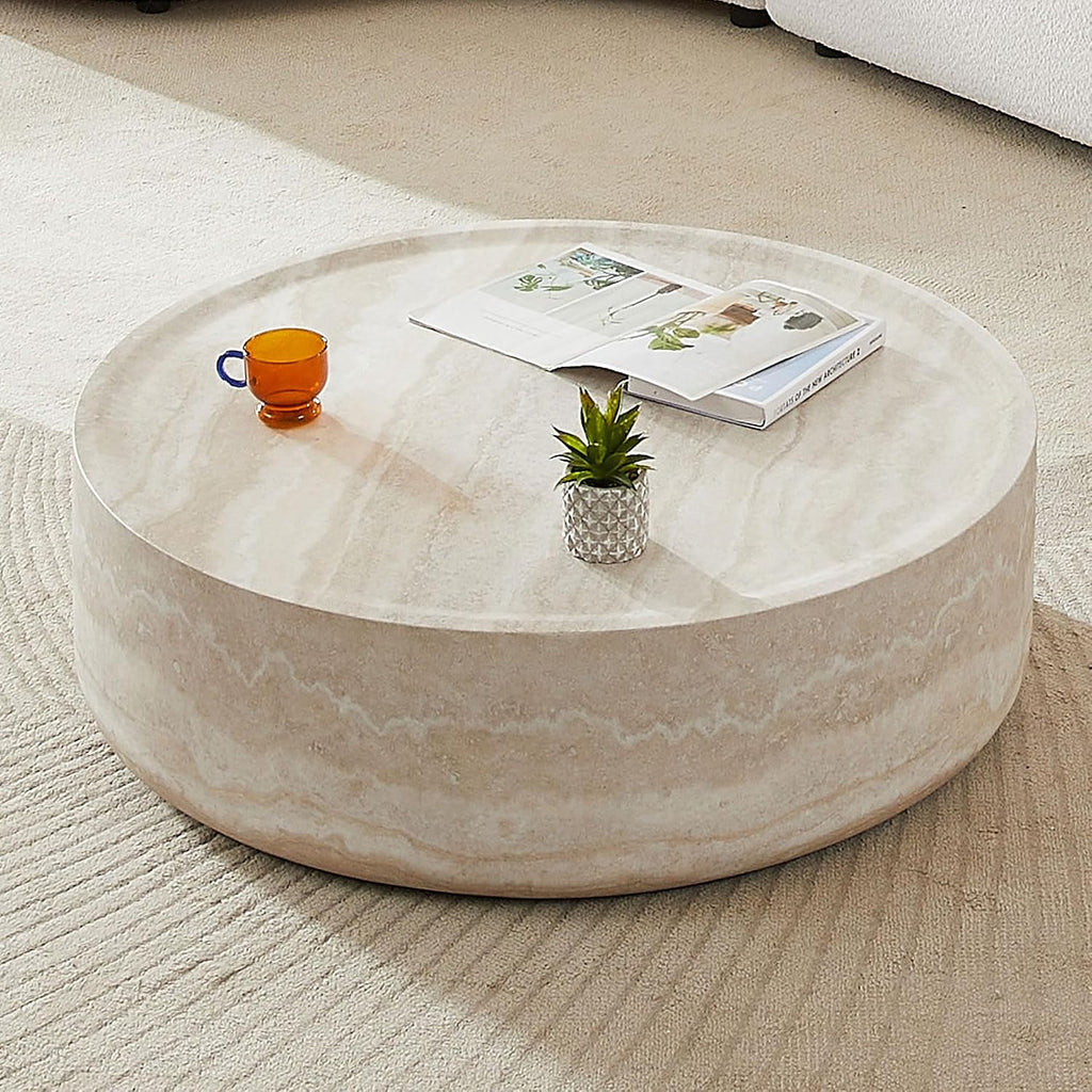 Modern Drum-Shape Coffee Table for Living Room 35.43' Round Cocktail Center Table Light Sand Color Circle Coffee Tables for Home Office, Fully Assembled