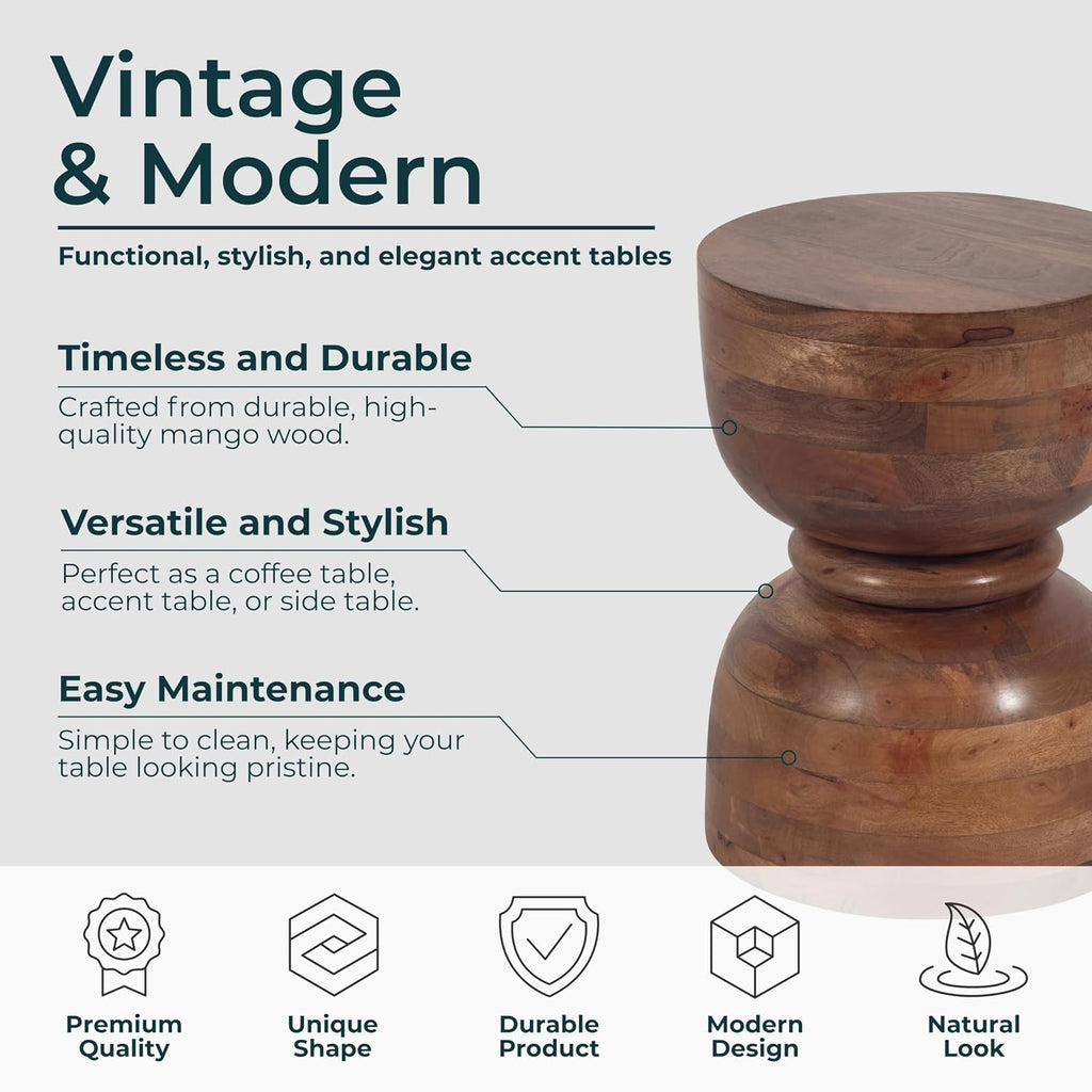 Brown Mango Wood Accent Table with Natural Wood Grain Finish – Unique Hourglass Round Side Table for Living Room, Bedroom, Office, & Home Decor – 13 x 18 Inches