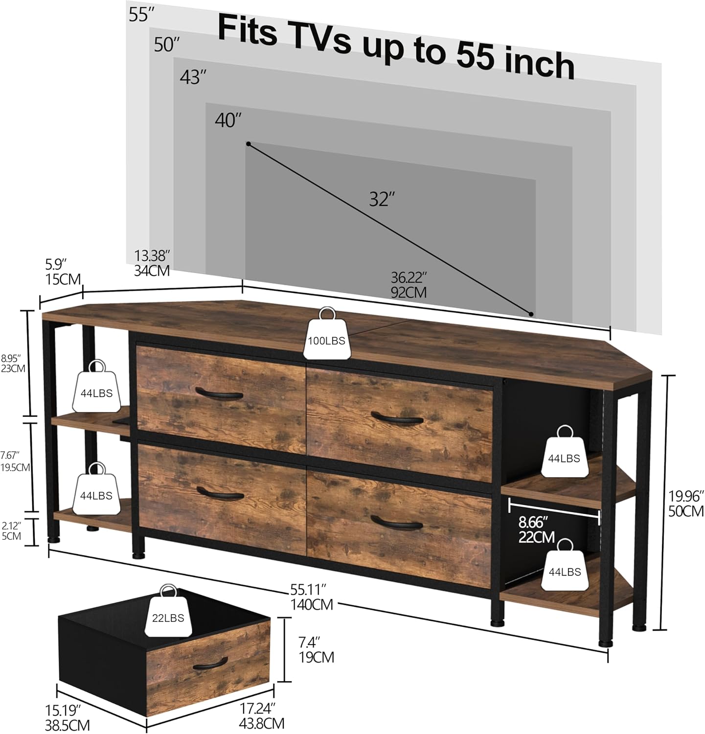 EXOTICA Corner TV Stands for Living Room with 4 Drawers and Power Outlet Industrial Corner Entertainment Centers for TVs up to 55 Inches Farmhouse Corner Console Table with 4 Open Storage for Bedroom