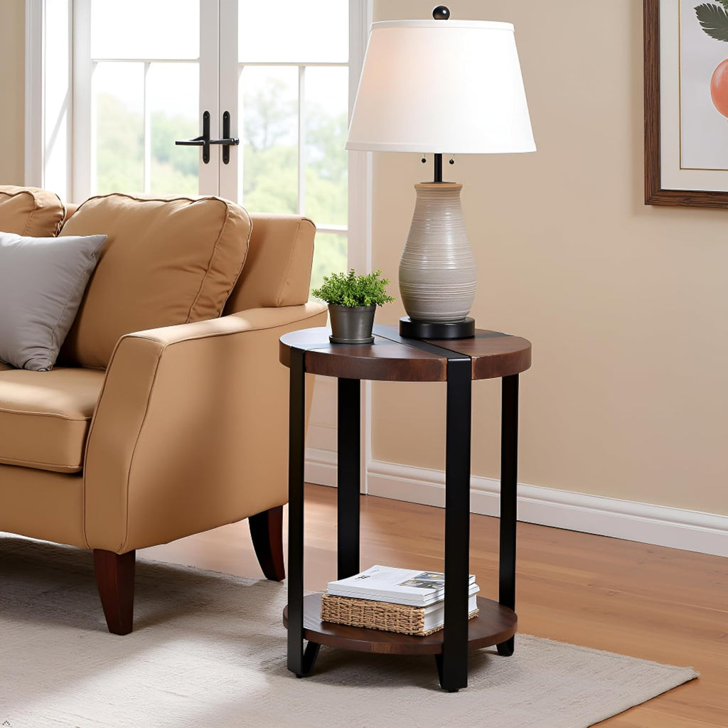 Modesto 20-Inch Round End Table – Rustic 2-Tier Side Table with Solid Wood Top, Lower Shelf, & Metal Legs – Small Accent Table for Living Room or Bedroom by Alaterre Furniture (Natural Wood Finish)