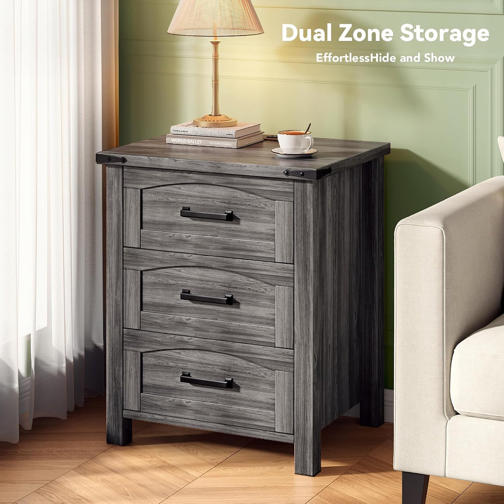 Decofy Farmhouse Nightstand Set of 2 with Charging Station, 18'' Wide Rustic End Table with USB/Type-C Ports, 3 Drawers, Wood Bedside Table for Bedroom, Grey Oak