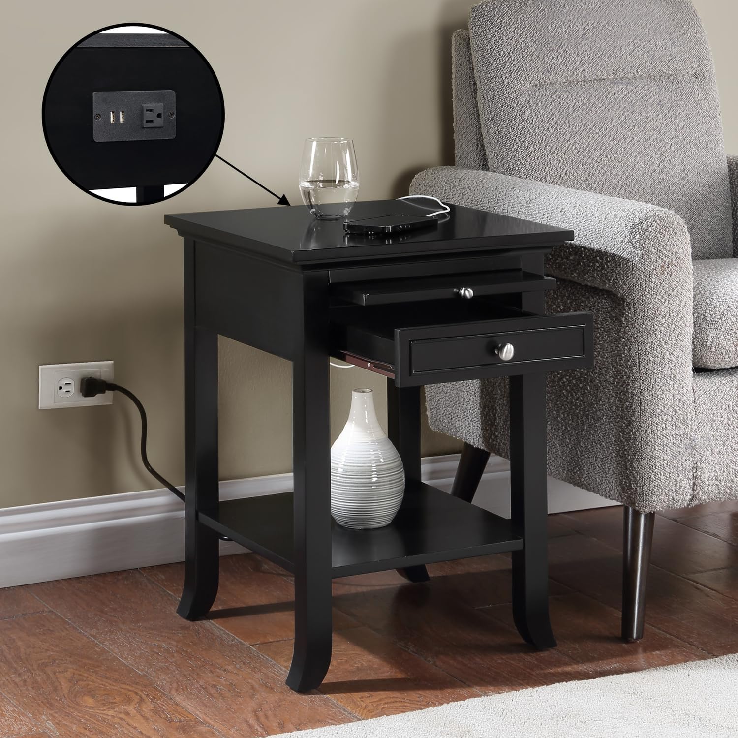Convenience Concepts American Heritage Logan End Table with USB Ports & AC Outlet 18' - Square Living Room Side Table with Storage Drawer & Pull-Out Shelf, Bedroom Nightstand with Charging, Black