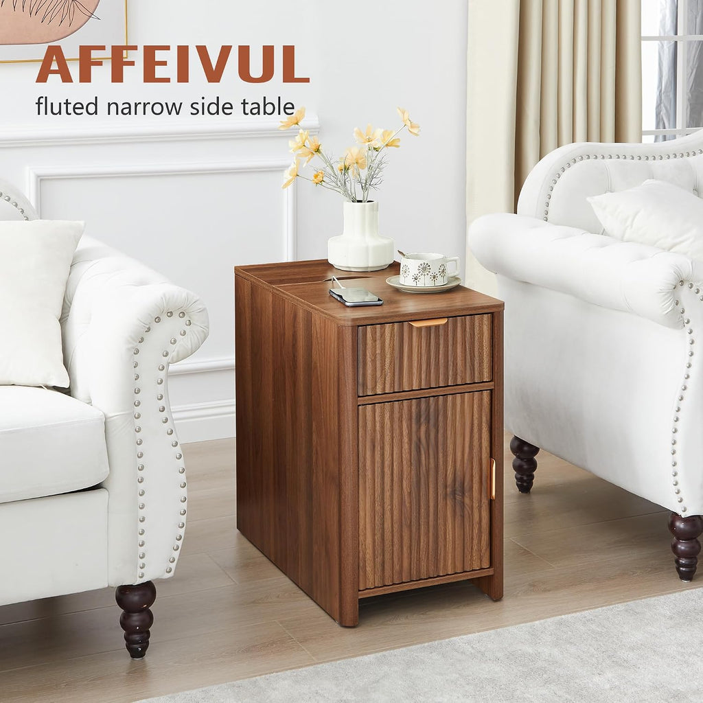 Fluted Narrow End Table with Charging Station, Farmhouse Side Table with Drawer Storage, Small Night Stand with Power Outlets and USB Ports, Sofa Side Table for Living Room - Walnut