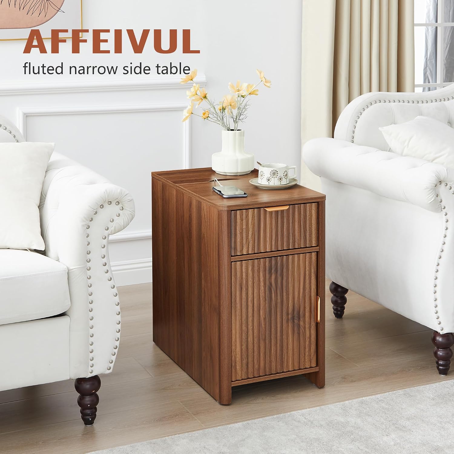 Fluted Narrow End Table with Charging Station, Farmhouse Side Table with Drawer Storage, Small Night Stand with Power Outlets and USB Ports, Sofa Side Table for Living Room - Walnut