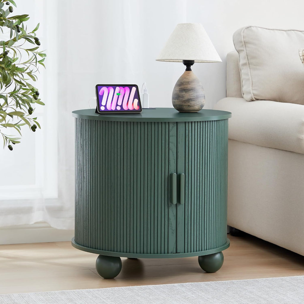 24 Inch Round Nightstand with Charging Station, Green Mid-Century Modern End Side Table with Fulted Sliding Door, Unique Vintage Bedside Table with Storage for Sofa, Couch, Bed (Round, Green)