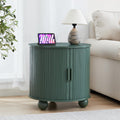 24 Inch Round Nightstand with Charging Station, Green Mid-Century Modern End Side Table with Fulted Sliding Door, Unique Vintage Bedside Table with Storage for Sofa, Couch, Bed (Round, Green)
