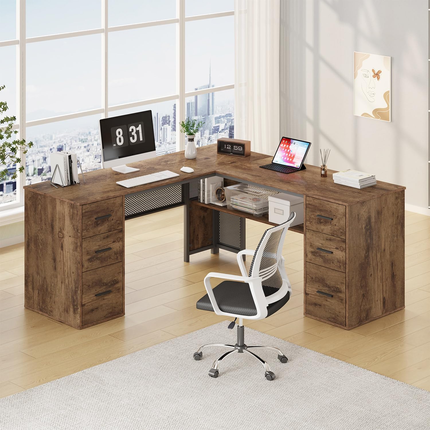 HSH L Shaped Computer Desk with File Drawers, Large Metal Wood L Shape Table with Storage Cabinet Shelves, Reversible Corner Home Office Executive Writing Study Workstation Desk, Rustic Brown, 59 Inch