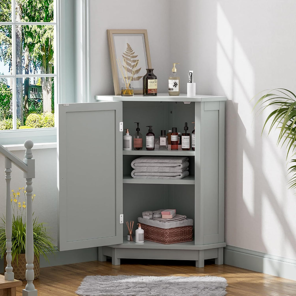 Floor Corner Cabinet with Doors and Adjustable Shelves, Freestanding Bathroom Corner Storage Cabinet for Bathroom, Living Room (1 Door, Grey)