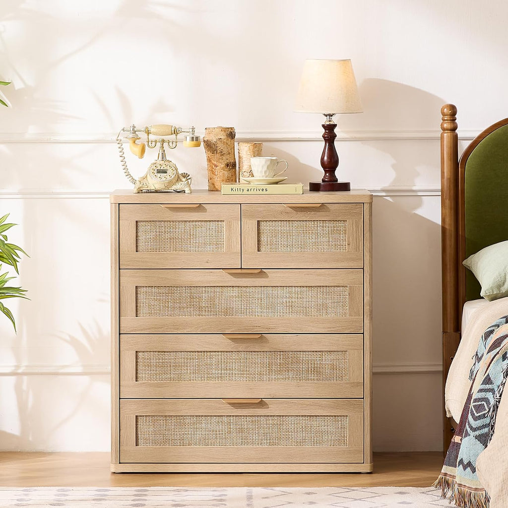 LEYAOYAO Rattan Dresser for Bedroom Set of 2, 33.5' Tall Chest of Drawers, Modern 5 Drawers Boho Dressers with Storage, Light Oak Dresser Wooden Closet Organizer for Living Room, Hallway, Natural Wood