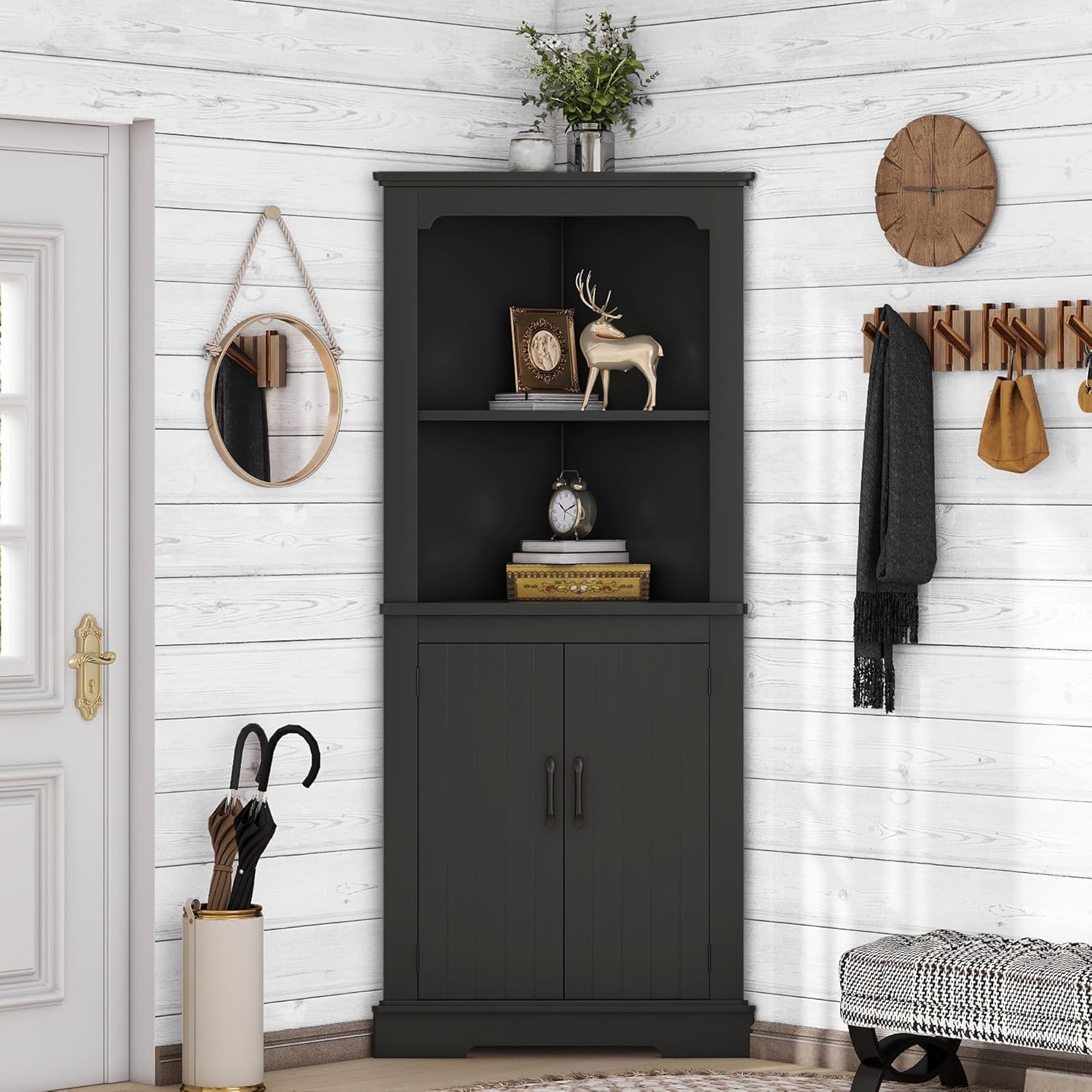 DOFFO Tall Bathroom Corner Cabinet, 69.3'H Freestanding Corner Storage Cabinet with 2 Doors and Open Shelves, Bathroom Floor Storage Display Organizer for Living Room, Dining Room and Kitchen (Black)