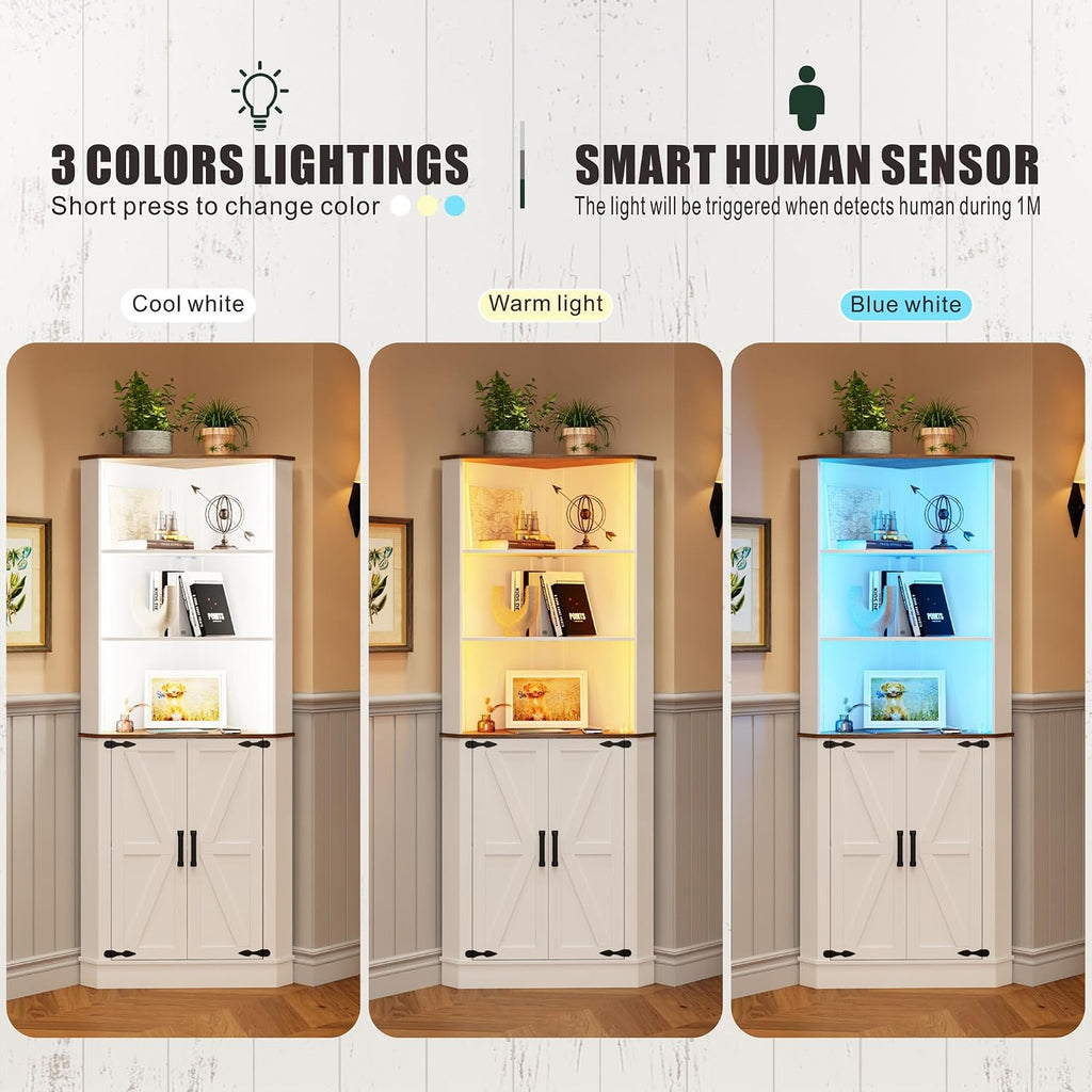 FREDEES Tall Corner Cabinet with LED Light, Farmhouse Bathroom Cabinet with 2 Doors and 3 Tier Shelves, Free Standing Corner Storage Cabinet for Laundry Room, Living Room or Kitchen, Antique White