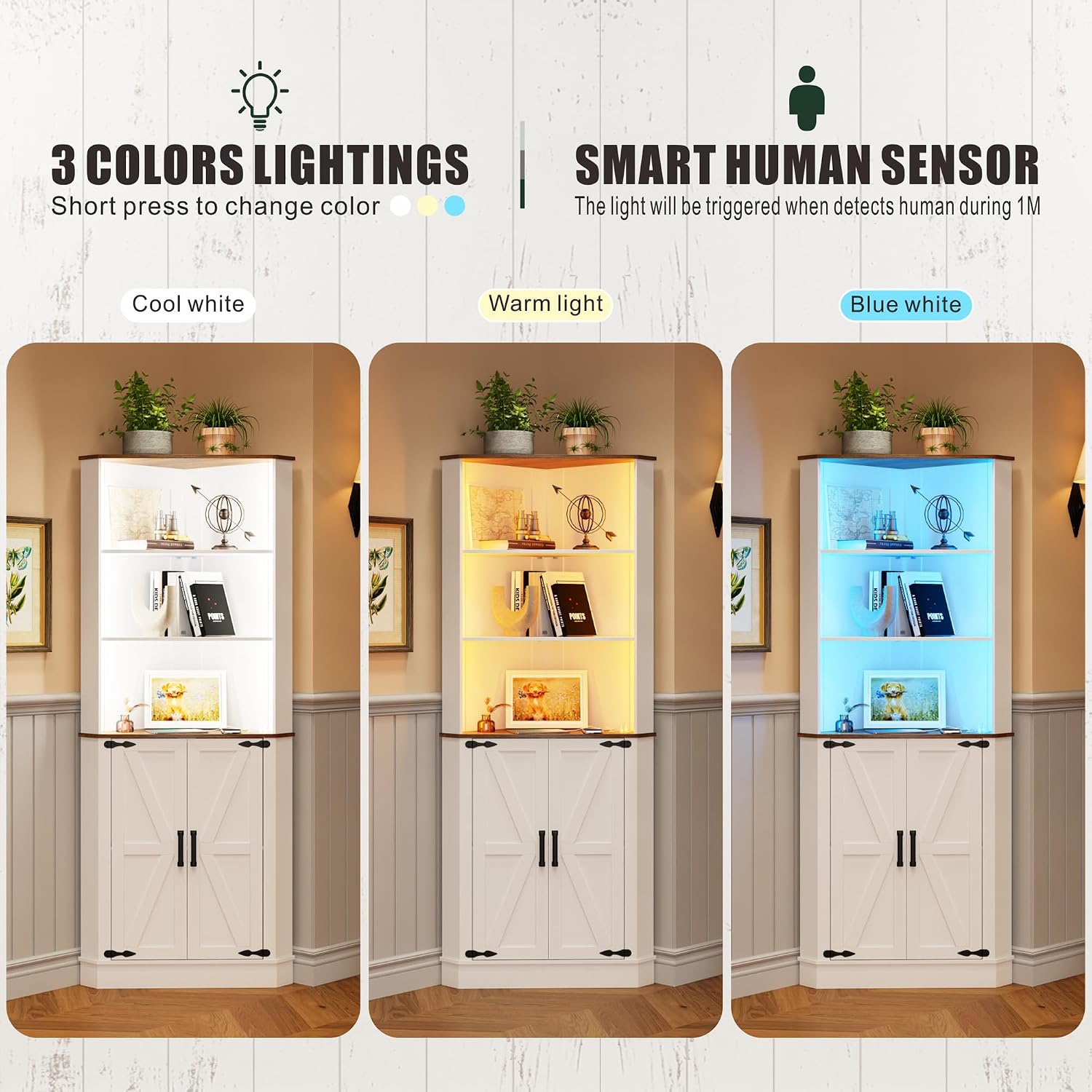 FREDEES Tall Corner Cabinet with LED Light, Farmhouse Bathroom Cabinet with 2 Doors and 3 Tier Shelves, Free Standing Corner Storage Cabinet for Laundry Room, Living Room or Kitchen, Antique White