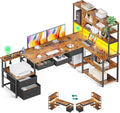 AODK 79 inch L Shaped Desk with 5 Drawers, Reversible L Shaped Gaming Desk with LED Light & 2 Power Outlets, Computer Desk with Storage Shelves for Home Office, Vintage