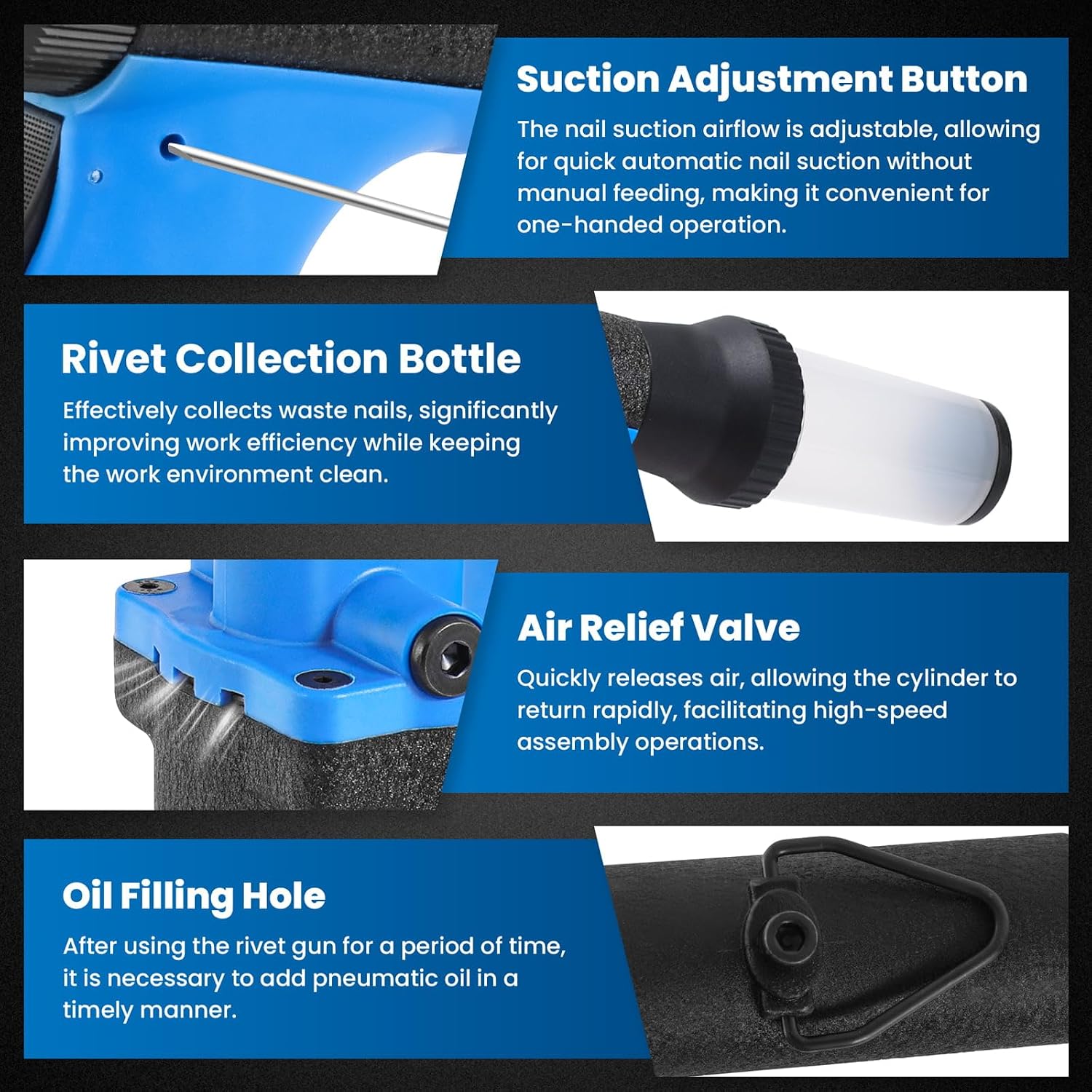 Pneumatic Rivet Gun Air Pop Riveter Tool Kit with 3/32', 1/8', 5/32', 3/16' Rivet Nozzles, Self-Suction Pneumatic Riveting Gun, Upgraded Air Riveter Hydraulic Pop Riveting Rivets Tool