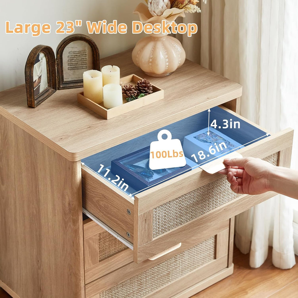 LEYAOYAO Rattan Night Stand with Drawers, 23' Large 3 Drawer Boho Nightstand, Natural Wood Bedside Table Storage Cabinet, Bed Side End Tables Dresser for Bedroom, Living Room, Hallway, Closet