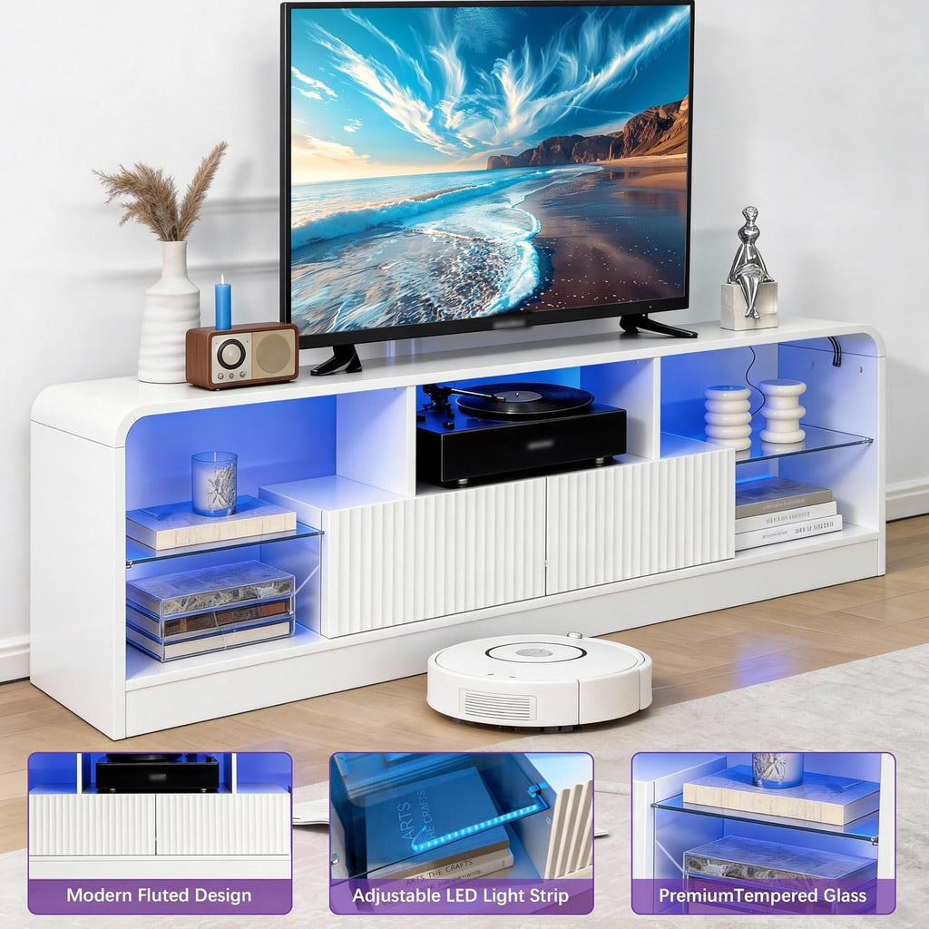 Wodeer Mid Century Modern TV Stand for 55 60 65 70 75 Inch TVs, Fluted TV Stands for Living Room with LED Lights, 63'' Entertainment Center with 2 Large Drawers & Glass Shelves, White