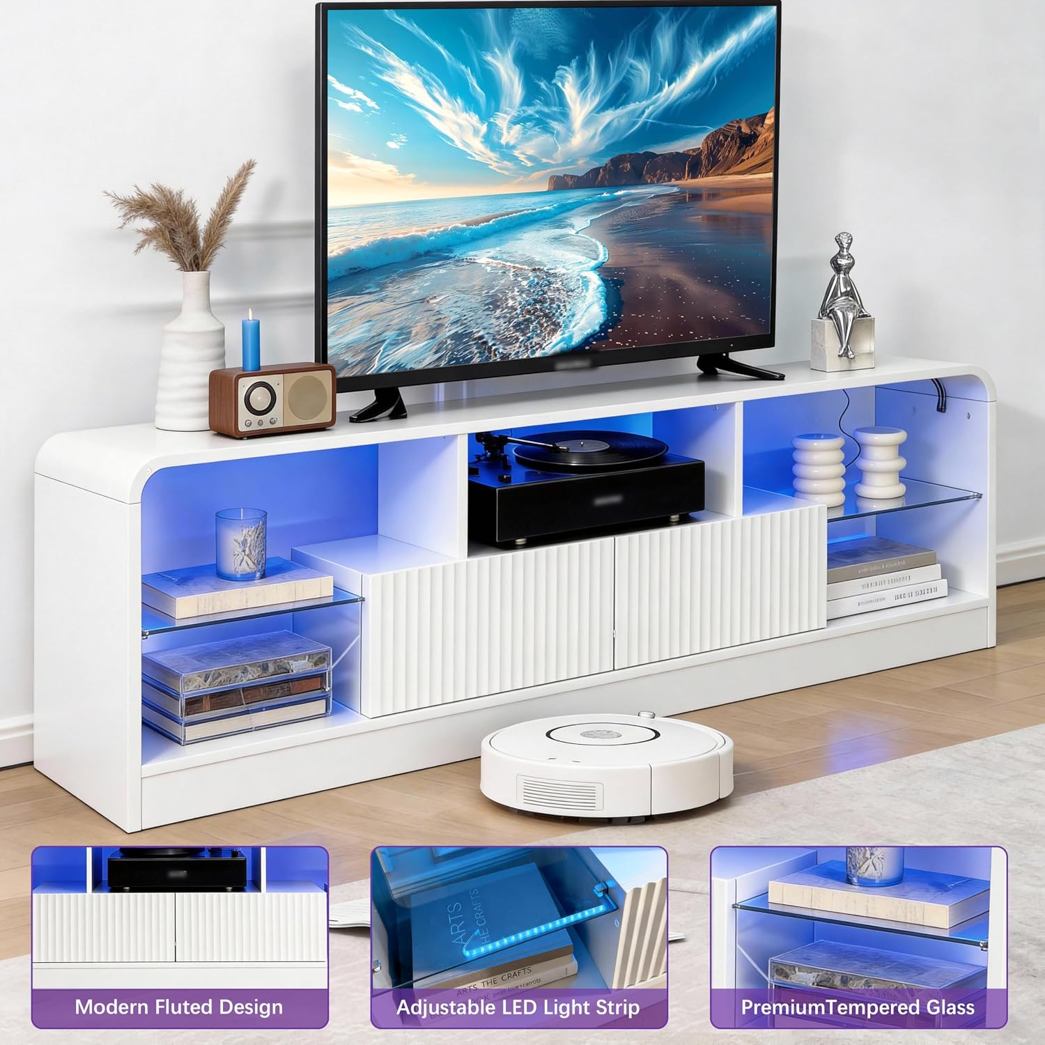 Wodeer Mid Century Modern TV Stand for 55 60 65 70 75 Inch TVs, Fluted TV Stands for Living Room with LED Lights, 63'' Entertainment Center with 2 Large Drawers & Glass Shelves, White