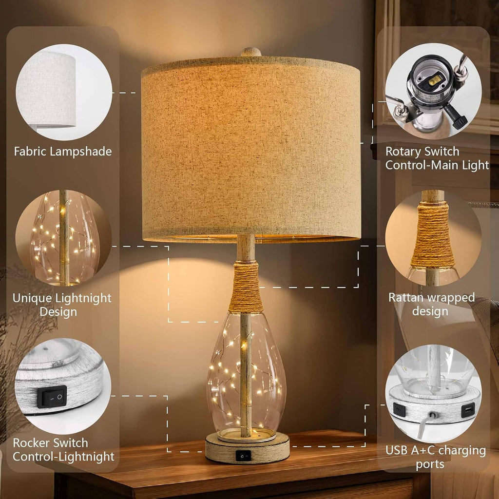 OYEARS 23' Table Lamps for Living Room Set of 2 Bedside Lamps for Night Stands Bedroom Lamps Farmhouse Rattan Boho Lamp Glass Nightlight End Table Lamp with USB C+A (White),Two Light Points