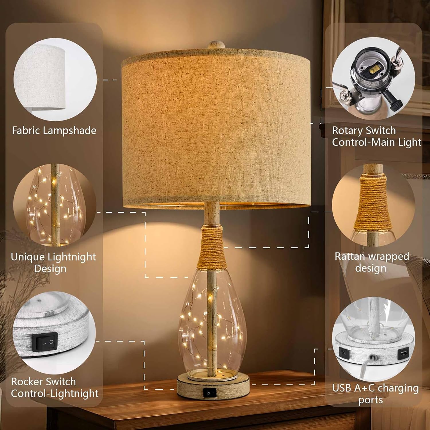 OYEARS 23' Table Lamps for Living Room Set of 2 Bedside Lamps for Night Stands Bedroom Lamps Farmhouse Rattan Boho Lamp Glass Nightlight End Table Lamp with USB C+A (White),Two Light Points