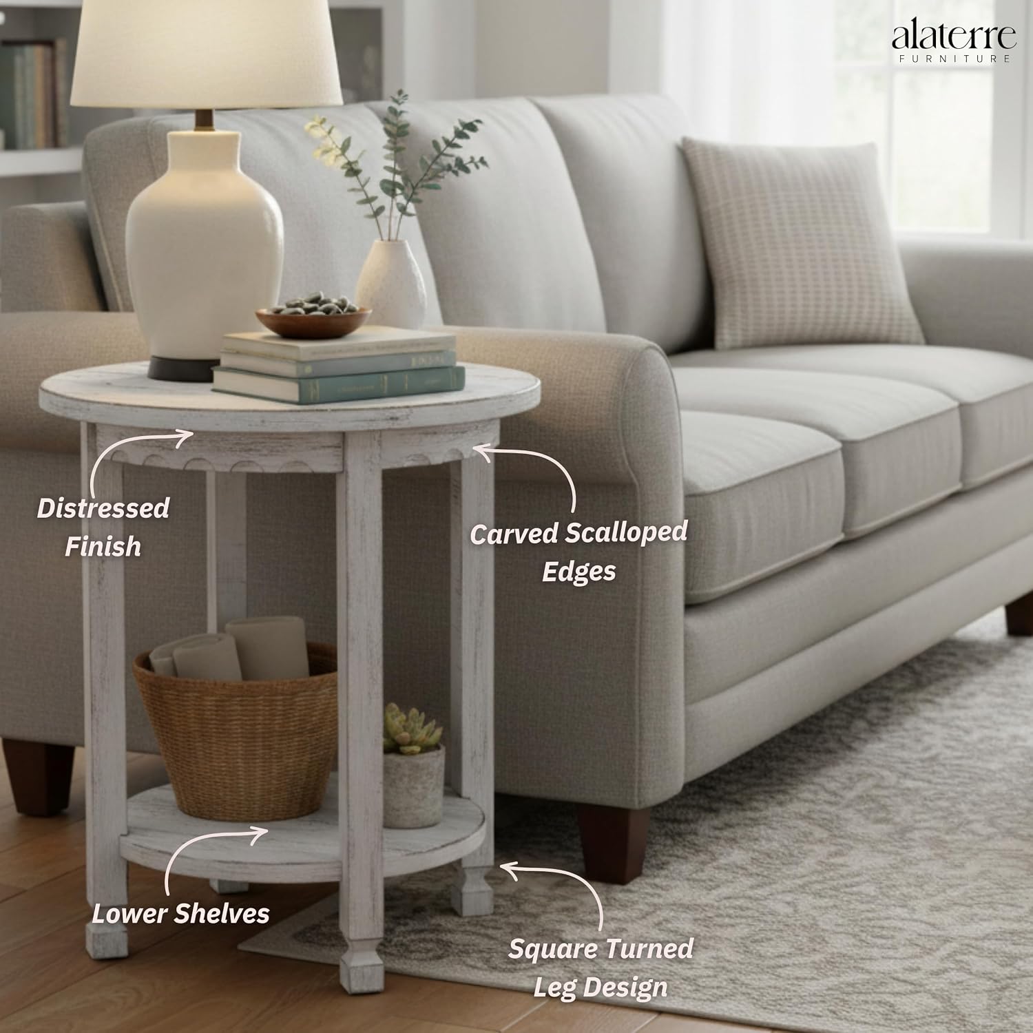 Alaterre Furniture Country Cottage Rustic Farmhouse Nightstand – 20-Inch Side Table with Lower Shelf, Carved Edges & Square Turned Legs – Accent Table for Living Room or Bedroom (Antique White)