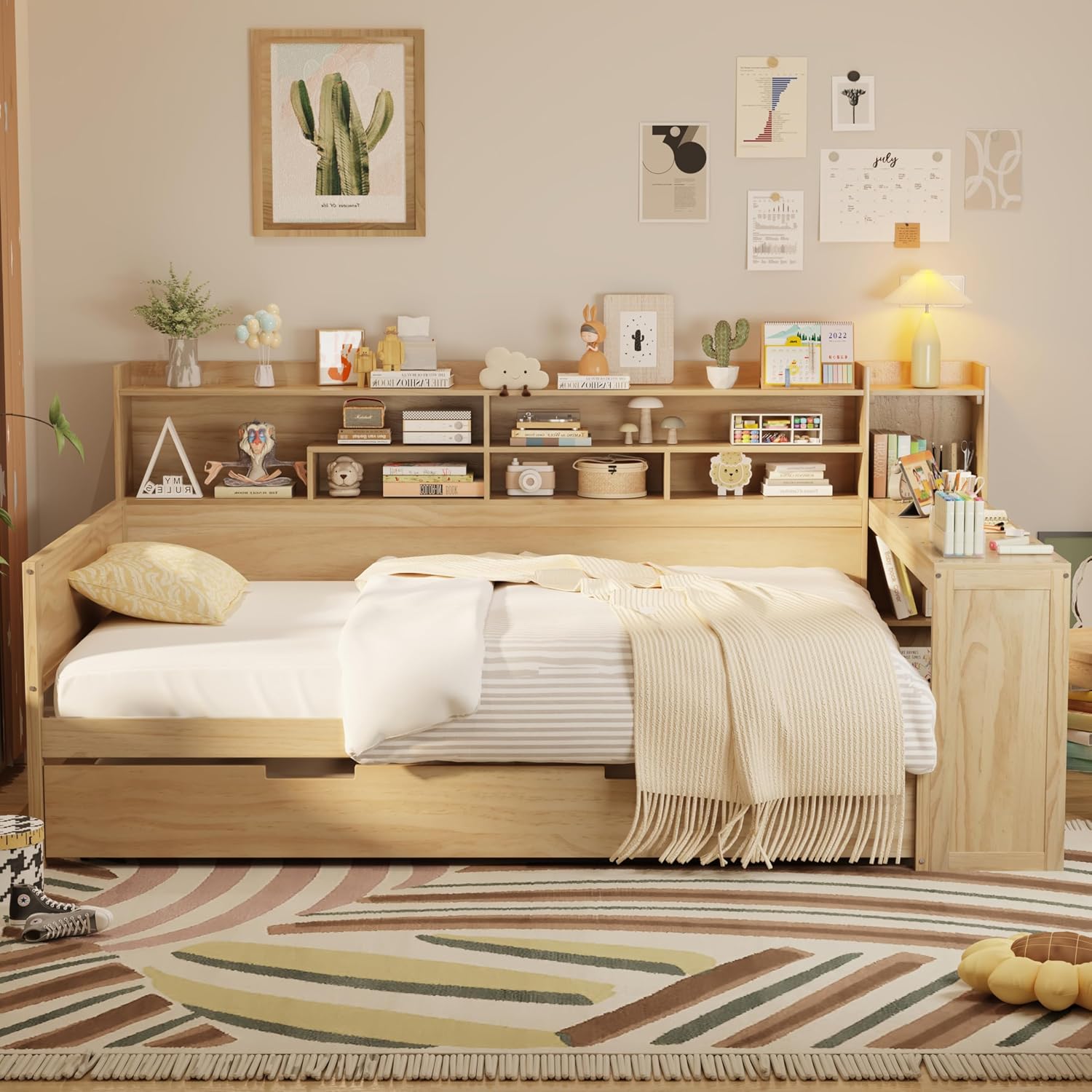 Harper & Bright Designs Full Size Wooden Daybed with Storage Shelves, Multi-Functional Corner Bed Frame with Twin Size Trundle Bed and Study Desk for Kids Teen, Natural