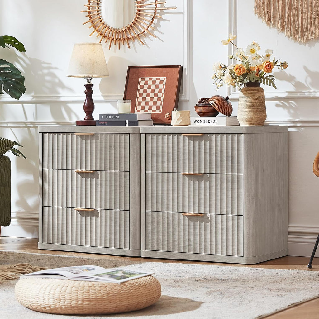 LEYAOYAO Fluted Nightstand with Charging Station, 23' Wide 3 Drawers Night Stand,LightGrey End Table with Open Storage,Farmhouse Bed Side Tables, Wood Dresser for Bedroom, Living Room, Closet