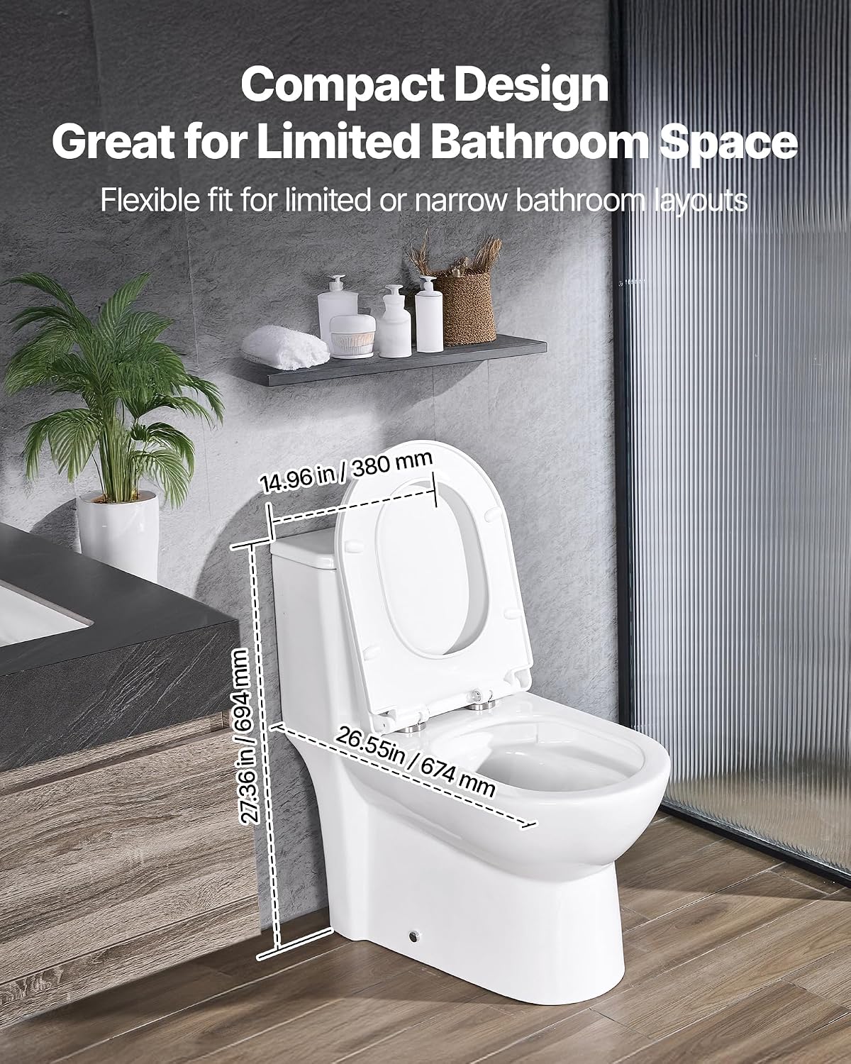 VEVOR One-Piece Toilet, Elongated Toilet Vortex Dual-Flush 1.1/1.6 GPF, Toilets for Bathroom with Comfortable Chair Seat, Standard Height, Easy-Clean Skirted Design, 10 inch Rough-In, White + Silver