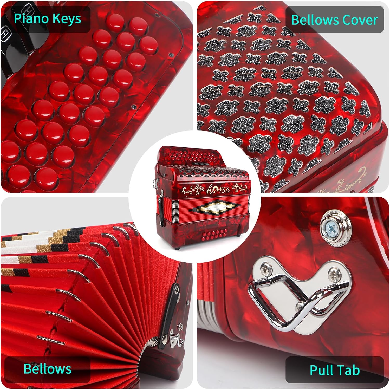 Horse 34 Key Accordion, GCF 12 Bass 3 Row, Made of Celluloid Louder & Clearer Timbre than Plastic,Accordions Instrument for Adults,W/Luxury Backpack,Straps,34 Buttons Acordeón Acordeones Para Adultos