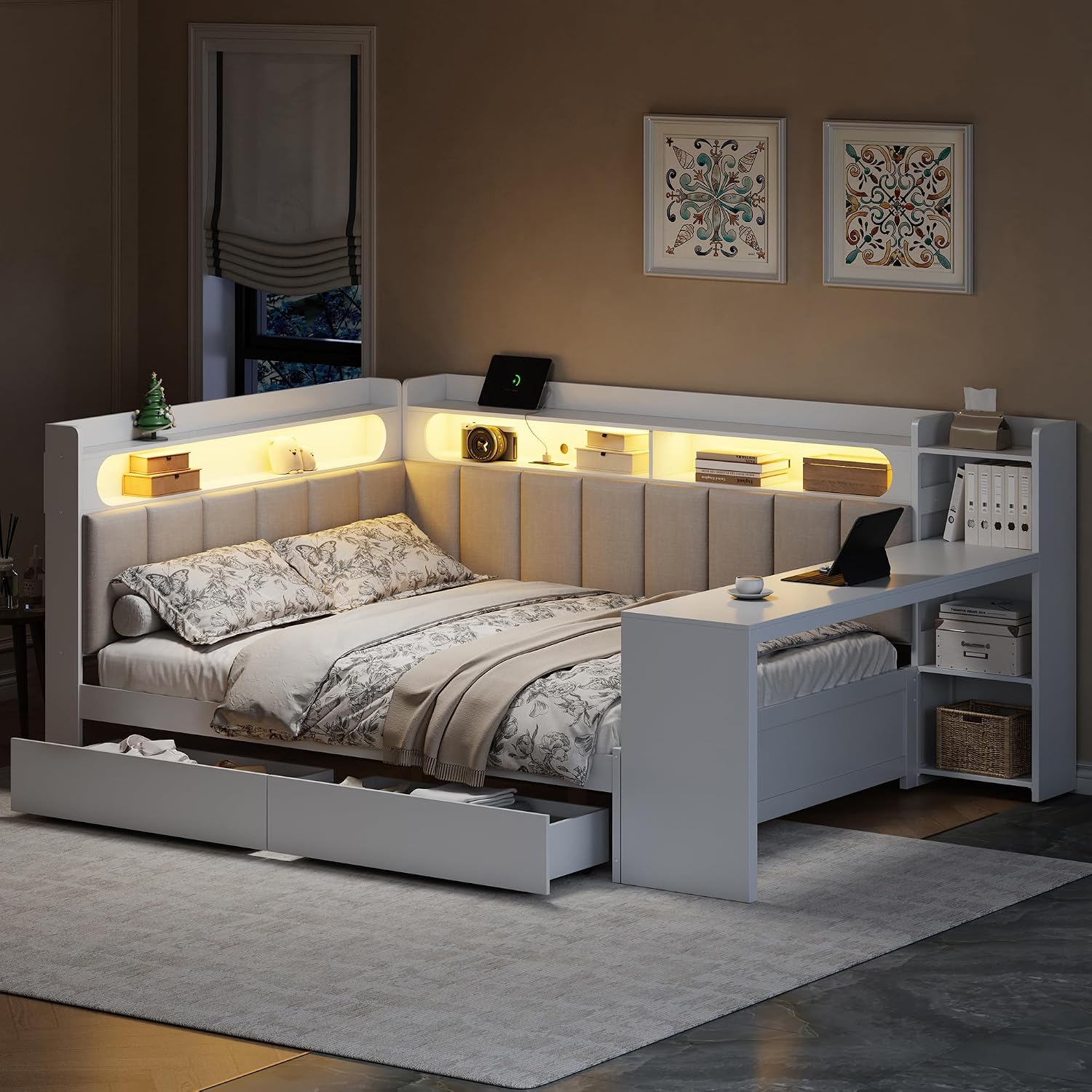 VilroCaz Full Size Daybed Sofa Bed with L-Shaped Upholstered Headboard and Desk, Wooden Corner Platform Bed Frame with 2 Drawers, Storage Shelves, Charging Station and Light Strip (White-8.26)