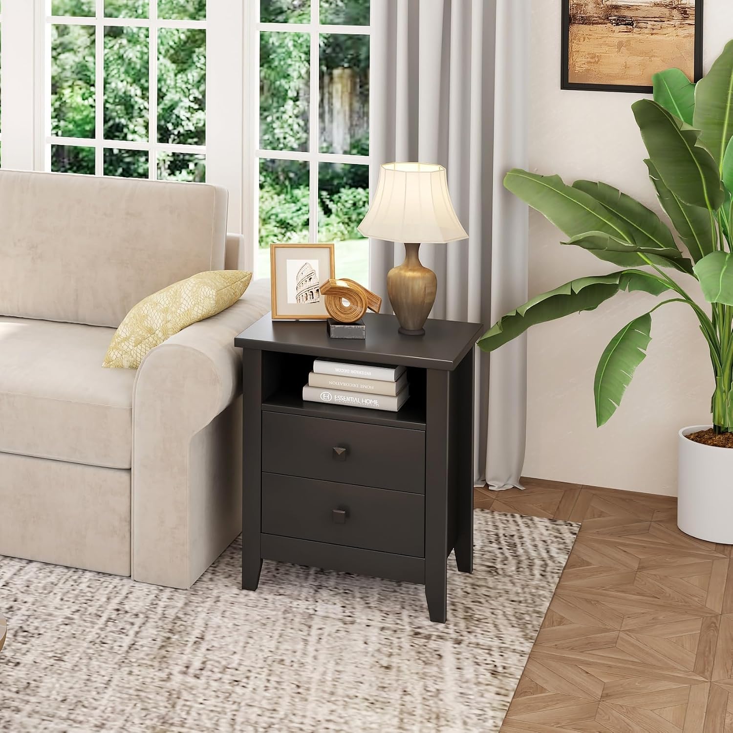 JSB Farmhouse Nightstand Set of 2, Night Stand with 2 Drawers,Open Shelf, End Table/Bed Side/Side Table for Bedroom, Kids Room, Living Room (Black, 18.7' W x 15' D x 23.8' H (2 Drawers))