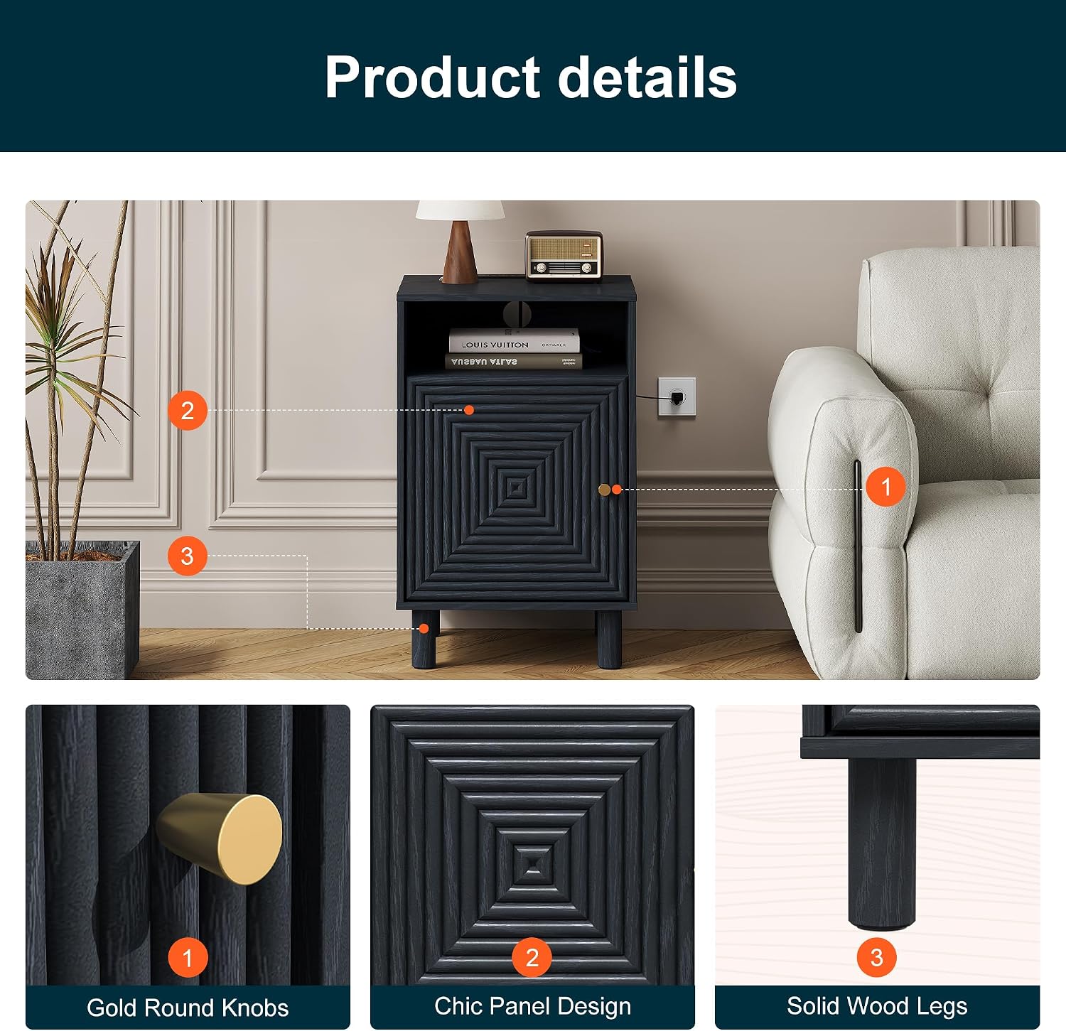 RoyalCraft Nightstand Set of 2, Modern Side Table with Charging Station, Accent End Table with Solid Wood Legs, Bedside Table for Bedroom, Entryway, Black