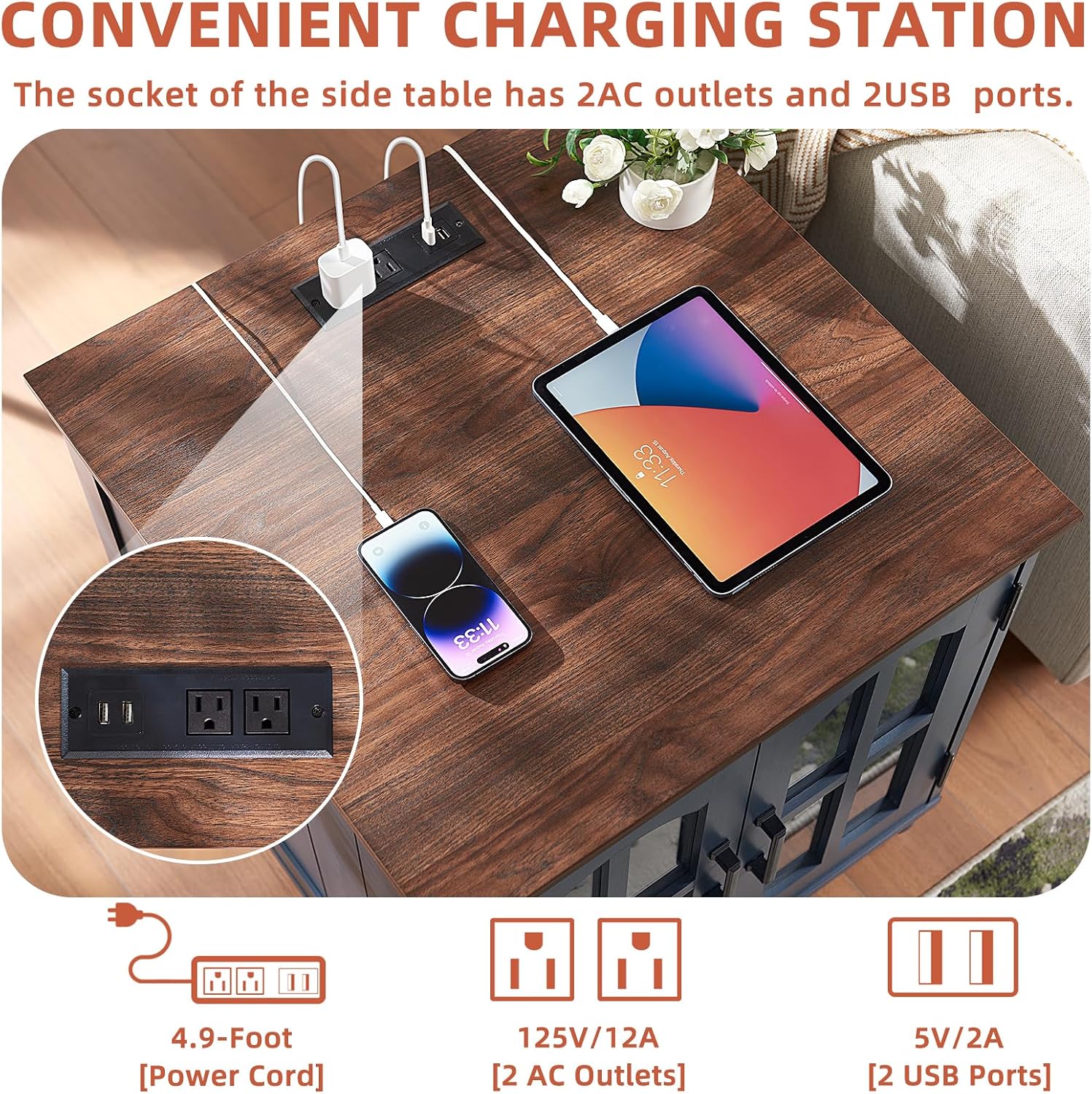 RWYHG Farmhouse End Table with Charging Station,24' Large Sofa Side Table with Glass Barn Door,Rustic Wood Night Stand with Adjustable Storage Shelf,Square Bedside Table for Living Room,Bedroom Office